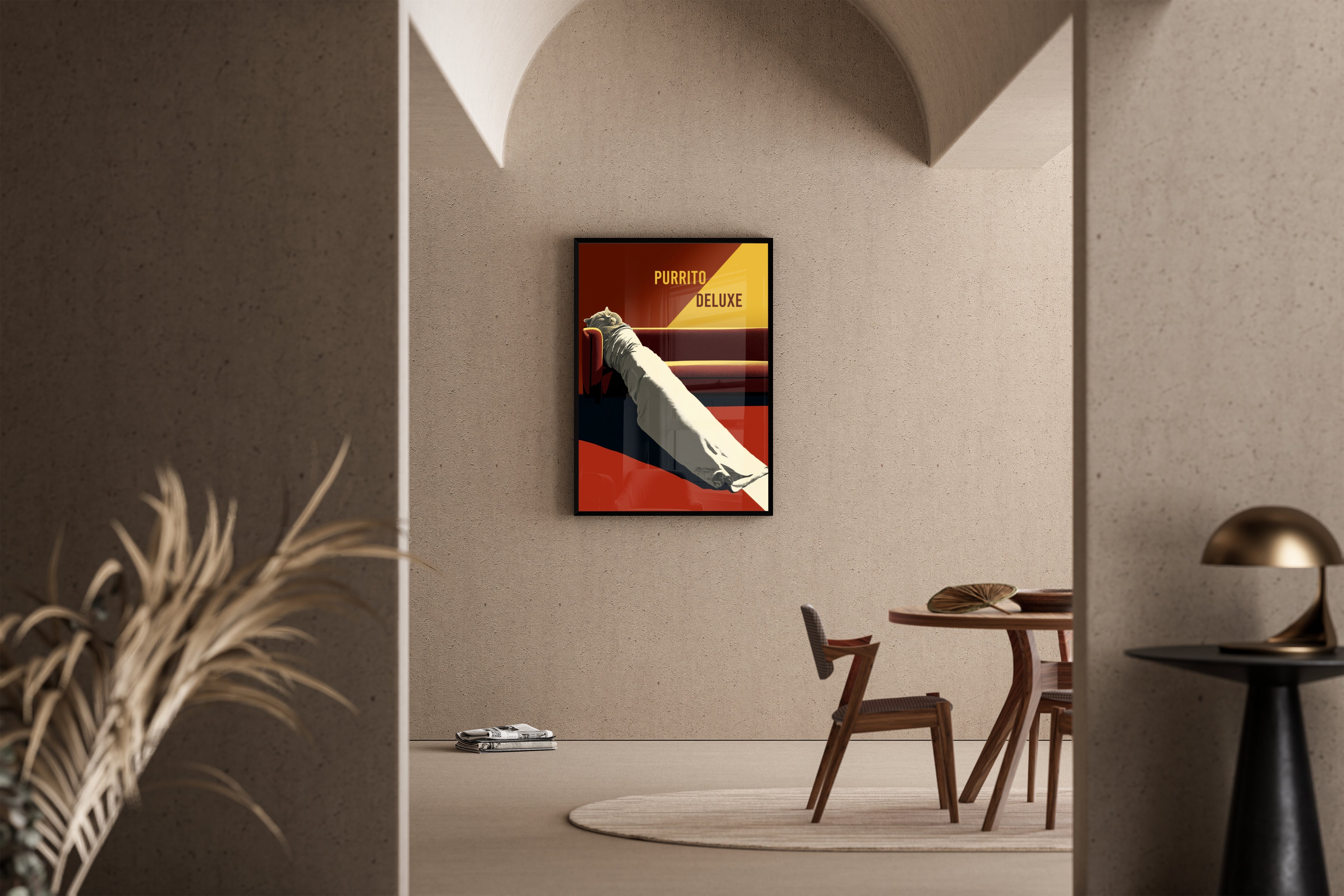 PURRITO DELUXE – in Decke gewickelte Katze auf Sofa im Retro-Poster-Stil – Kunstdruck im mediterranen Esszimmer