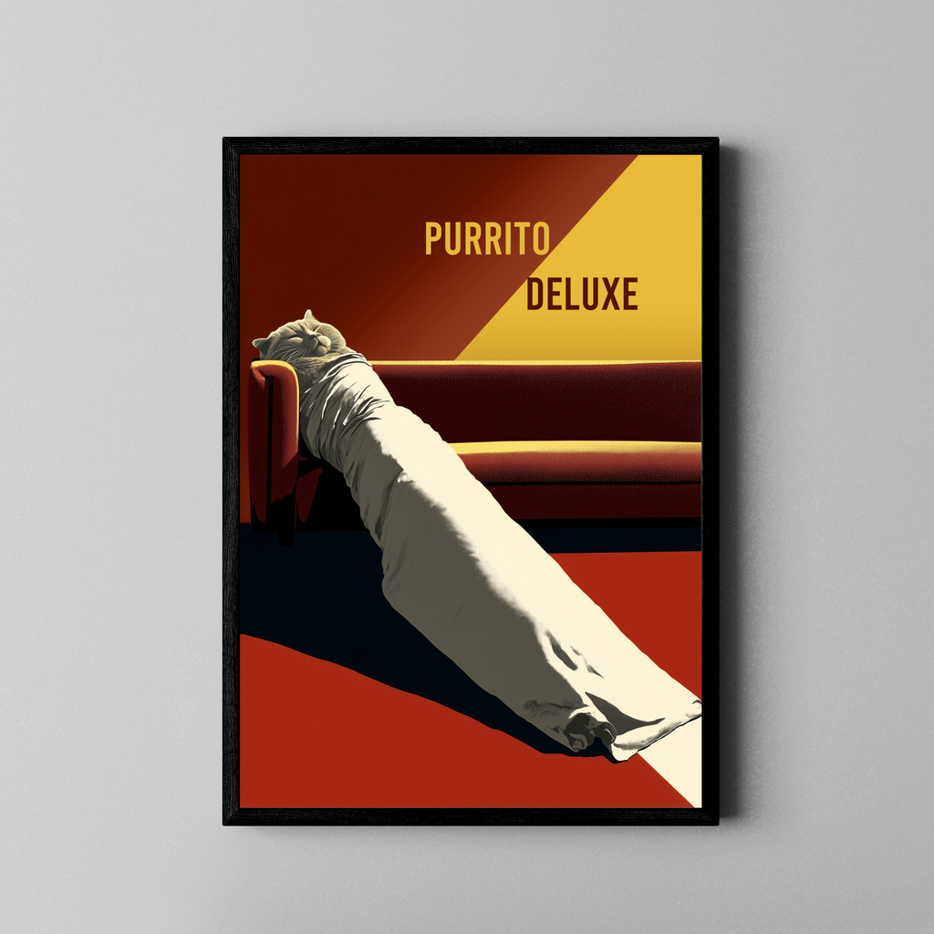 PURRITO DELUXE – in Decke gewickelte Katze auf Sofa im Retro-Poster-Stil – Katzen Poster im schwarzen Rahmen