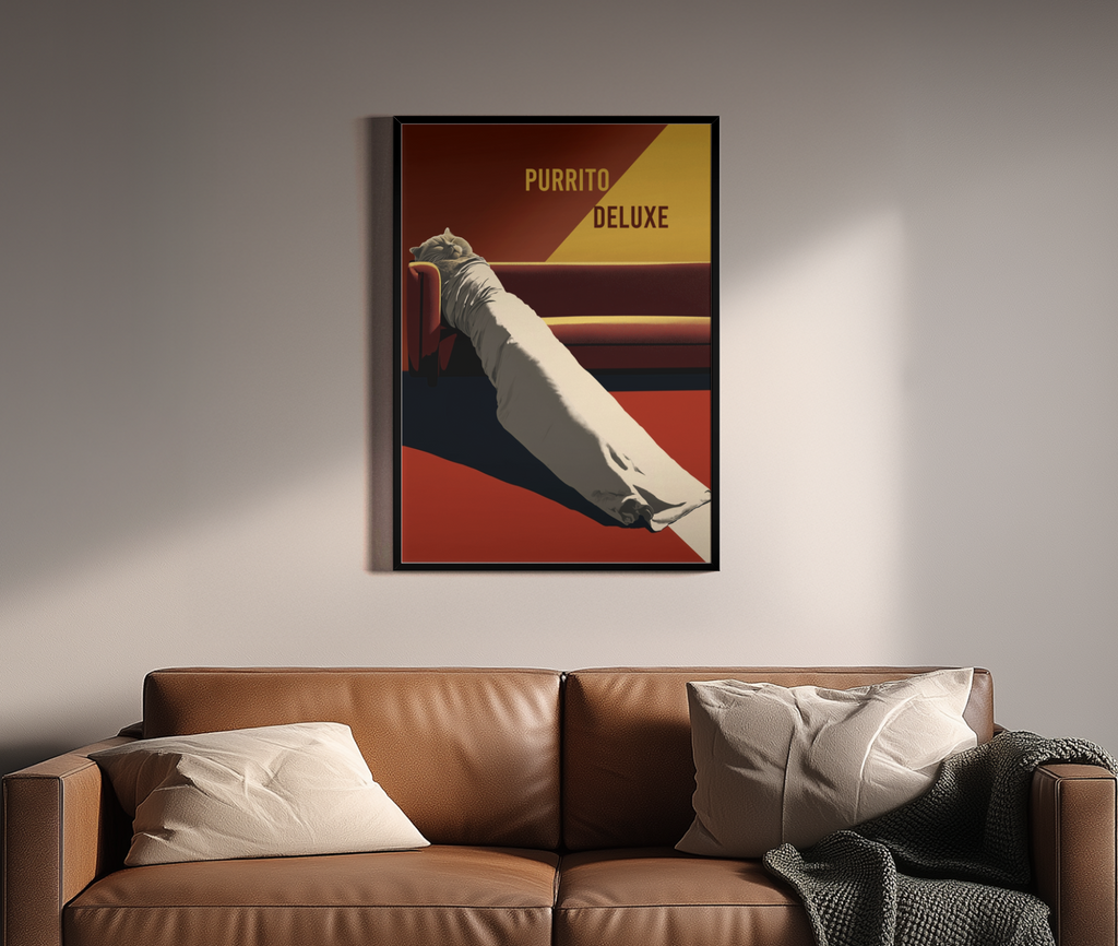 PURRITO DELUXE – in Decke gewickelte Katze auf Sofa im Retro-Poster-Stil – Wandbild über braunem Ledersofa