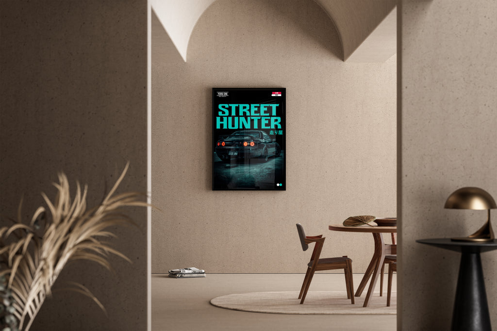Nissan Skyline R32 GT-R Street Hunter Hashiriya JDM Poster – schwarzer GTR mit Türkis-Schriftzug – Kunstdruck im mediterranen Esszimmer