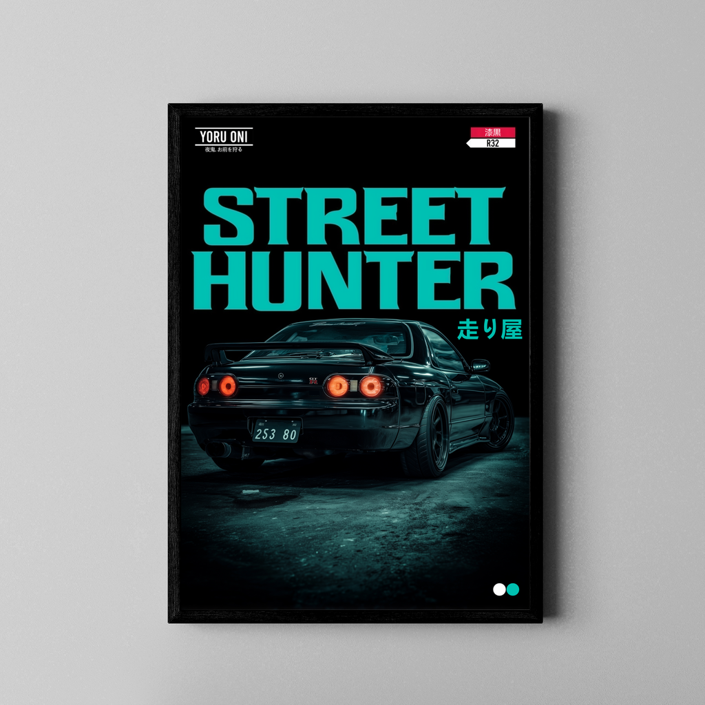 Nissan Skyline R32 GT-R Street Hunter Hashiriya JDM Poster – schwarzer GTR mit Türkis-Schriftzug – Poster im schwarzen Rahmen