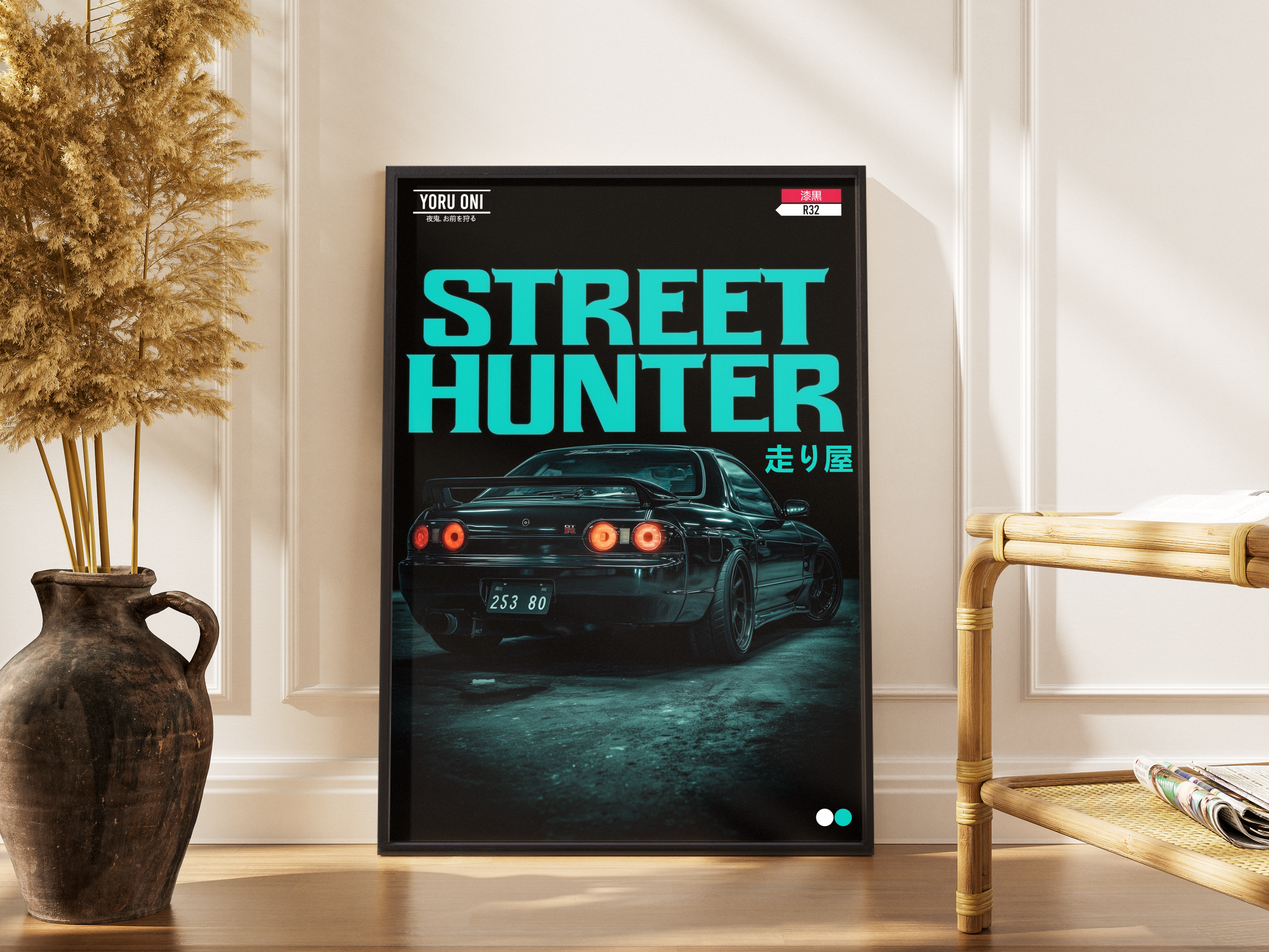 Nissan Skyline R32 GT-R Street Hunter Hashiriya JDM Poster – schwarzer GTR mit Türkis-Schriftzug – gerahmter JDM Kunstdruck kaufen