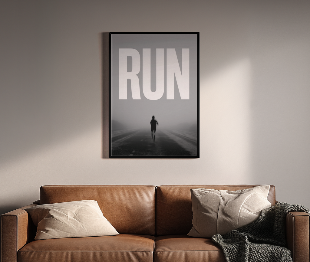 Run – Laufen Nebel Straße cinematic Wandbild grau | Fotografie-Optik – Wandbild über braunem Ledersofa