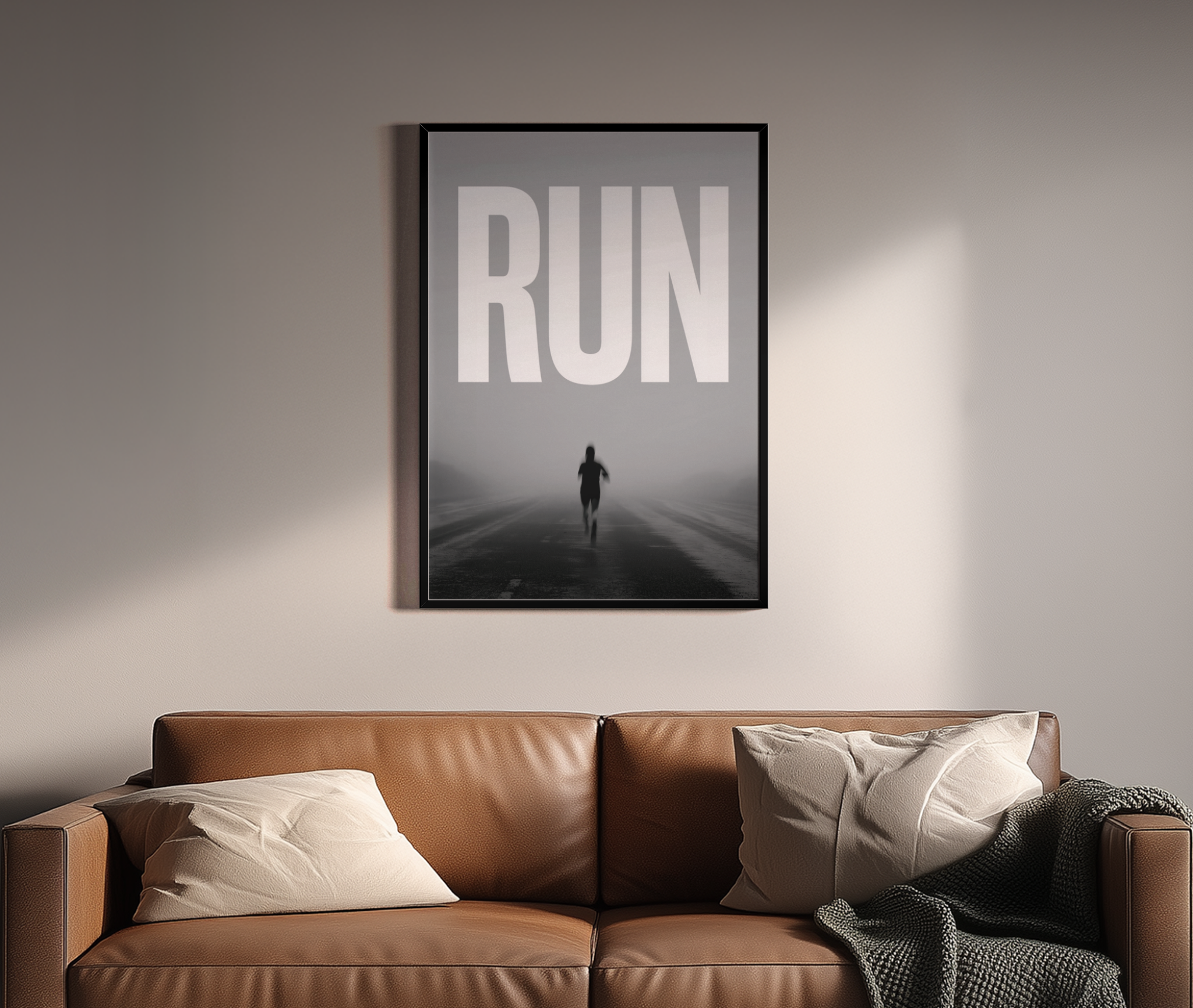 Run – Laufen Nebel Straße cinematic Wandbild grau | Fotografie-Optik – Wandbild über braunem Ledersofa