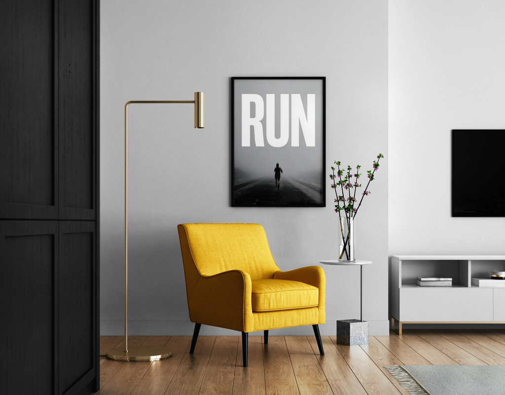 Run – Jogger Nebel Straße Wanddekoration schwarz weiß | Sport-Kunstdruck – Wandbild im modernen Wohnzimmer
