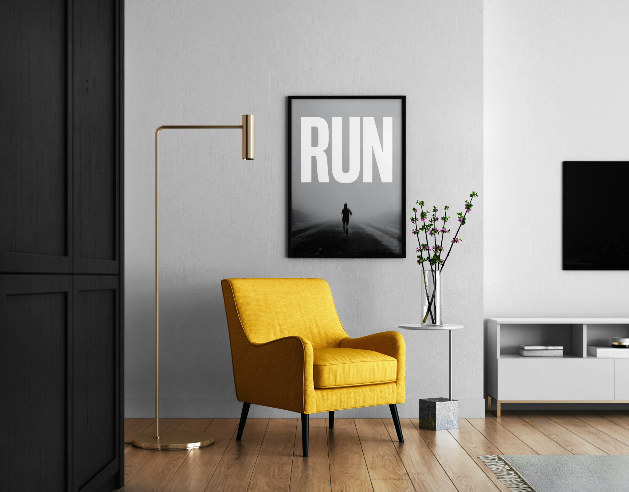 Run – Jogger Nebel Straße Wanddekoration schwarz weiß | Sport-Kunstdruck – Wandbild im modernen Wohnzimmer