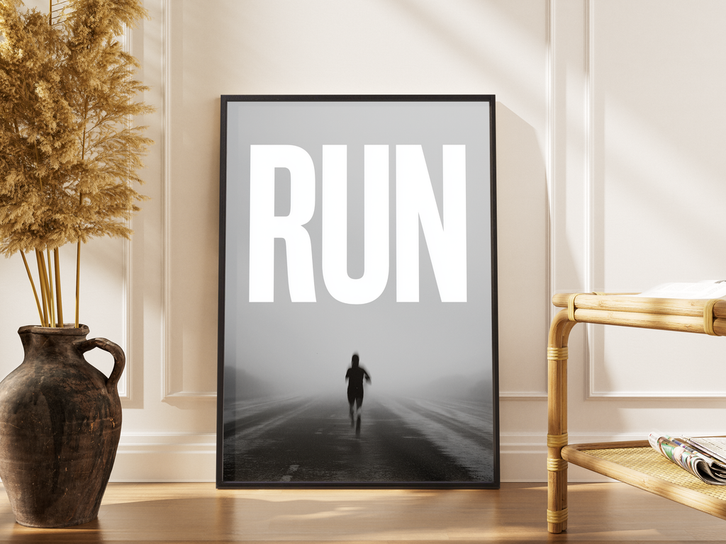 Run – Läufer Nebel Fine Art Poster Motivation cinematic | Laufsport-Fotodruck – gerahmtes Poster kaufen
