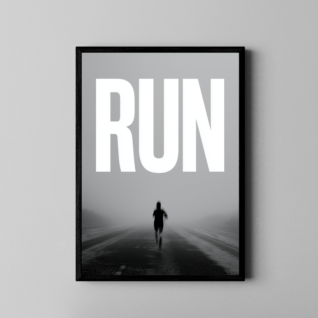 Run – Silhouette Läufer Nebel schwarz weiß Motivation | Cinematic-Foto-Stil – Poster im schwarzen Rahmen