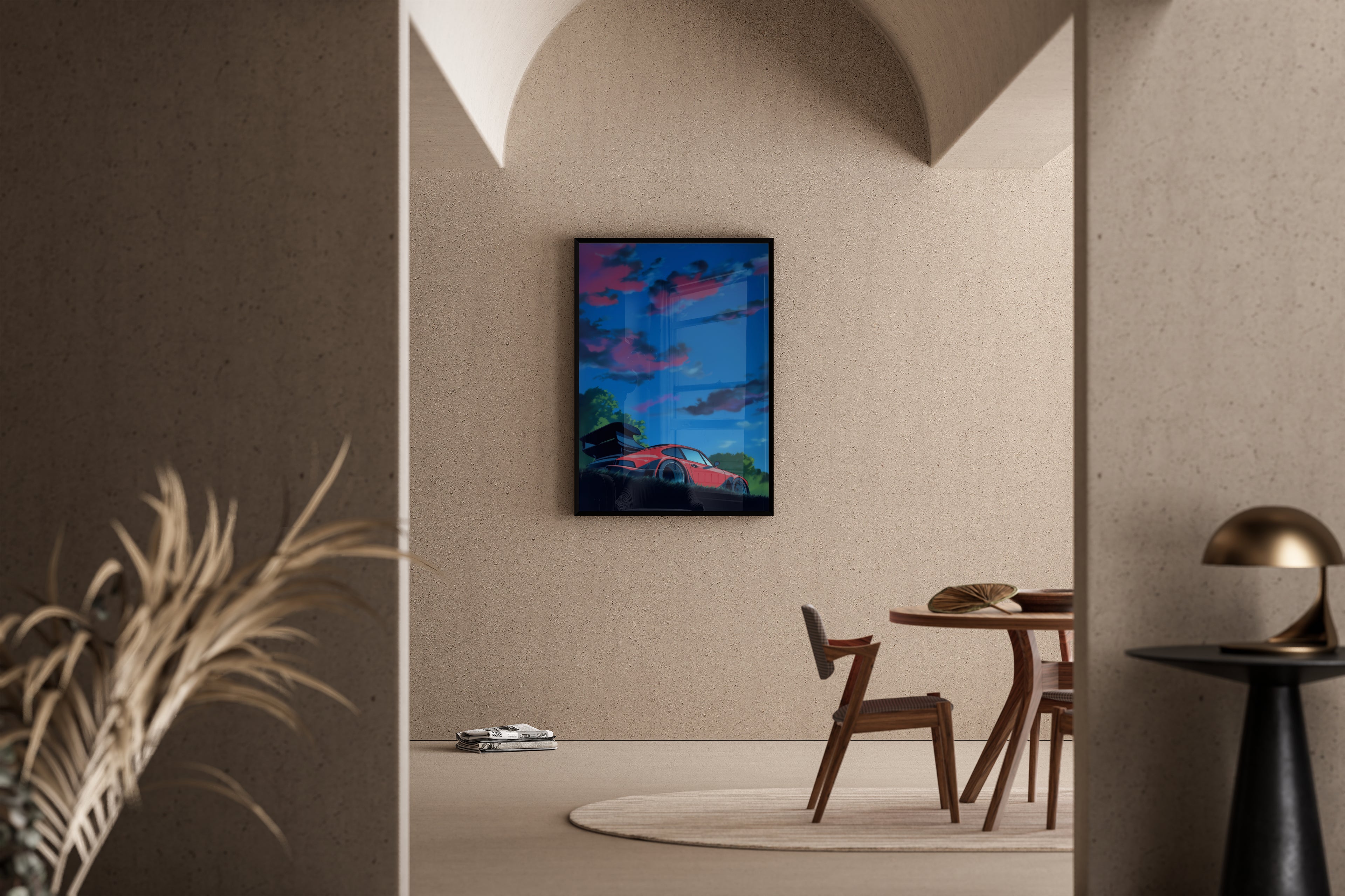 Roter Porsche 911 RWB unter Abendhimmel im Anime-Stil – Kunstdruck im mediterranen Esszimmer