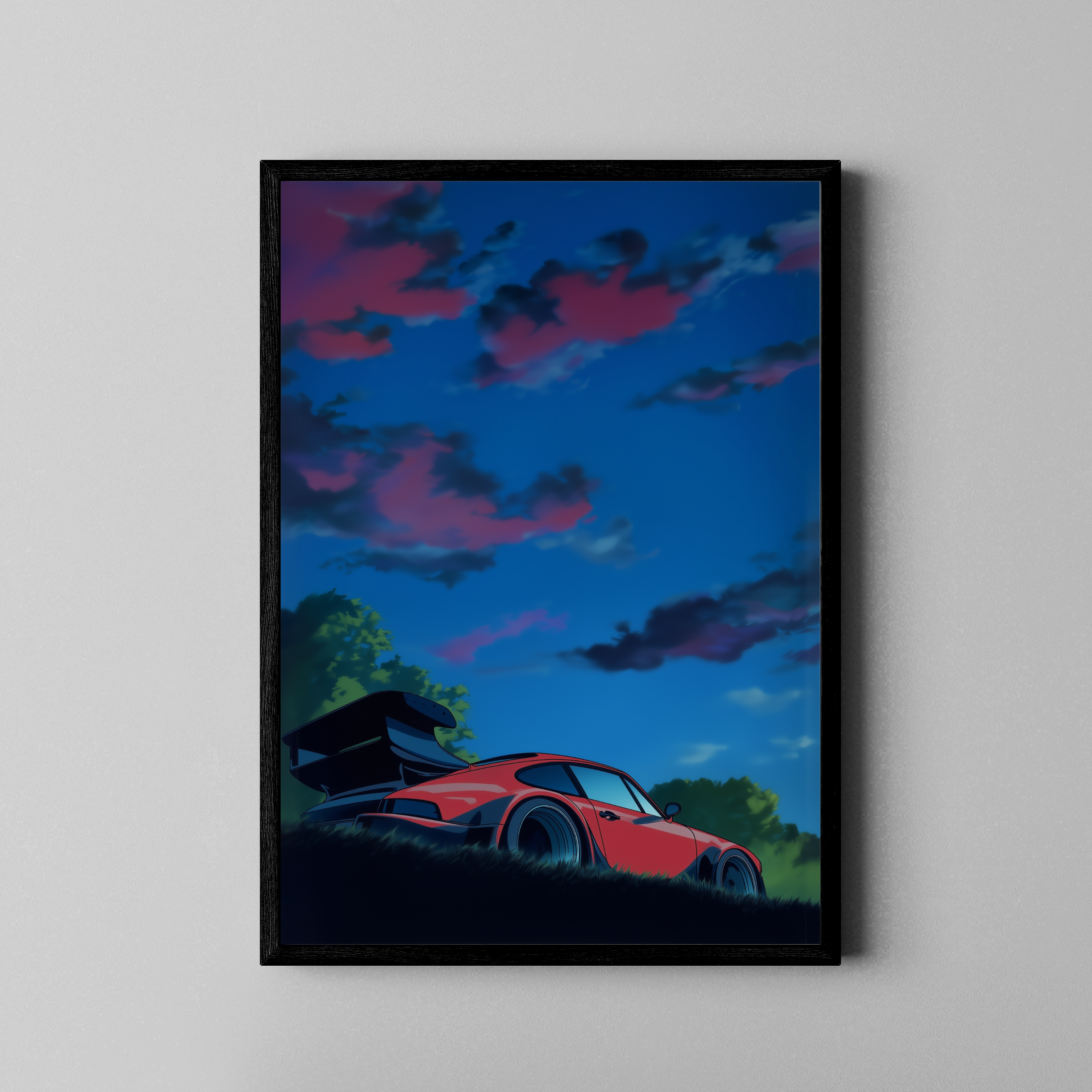 Roter Porsche 911 RWB unter Abendhimmel im Anime-Stil – JDM Poster im schwarzen Rahmen