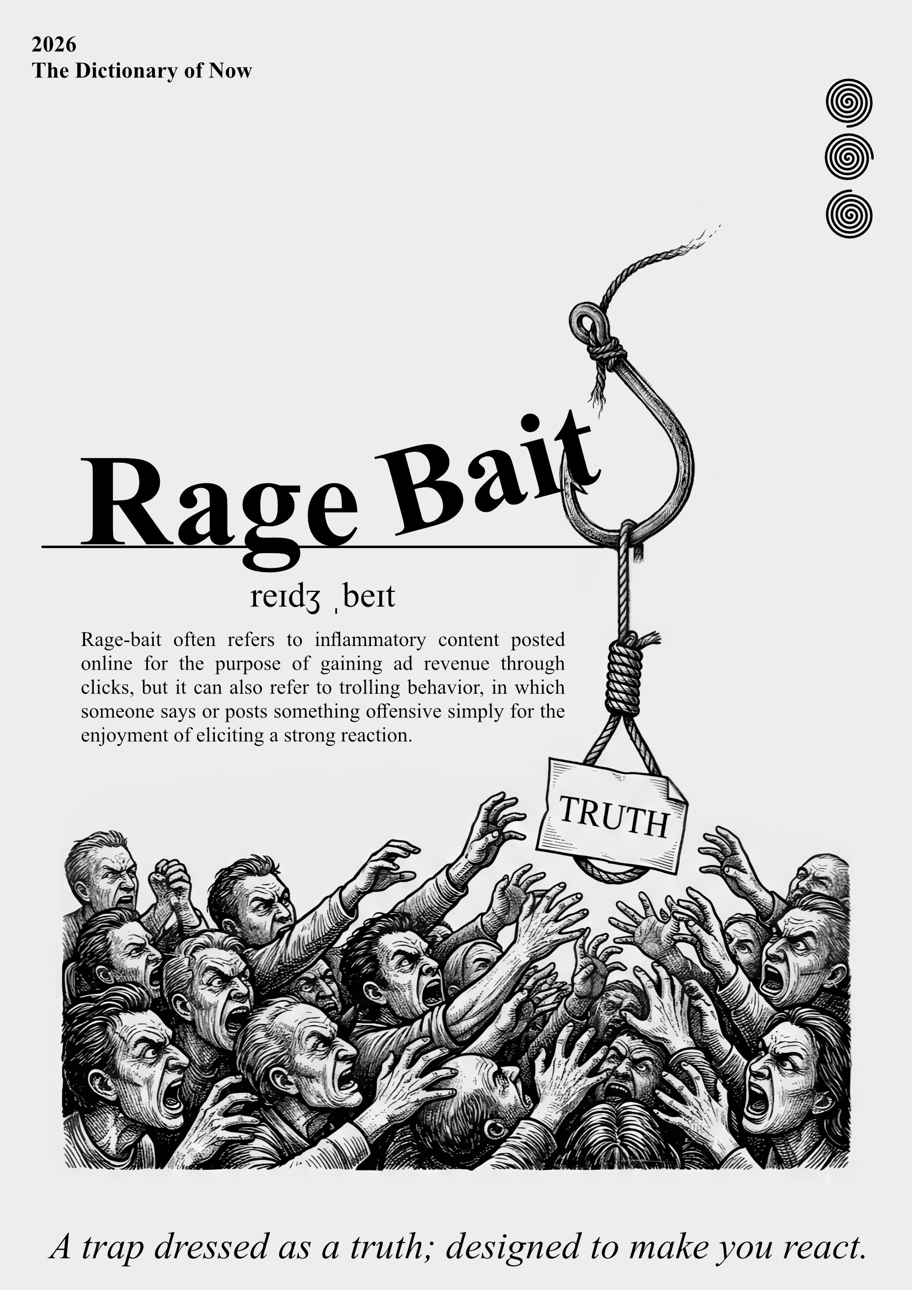 Rage Bait – Wörterbuch-Poster mit wütender Masse und Angelhaken – satirischer Statement Kunstdruck