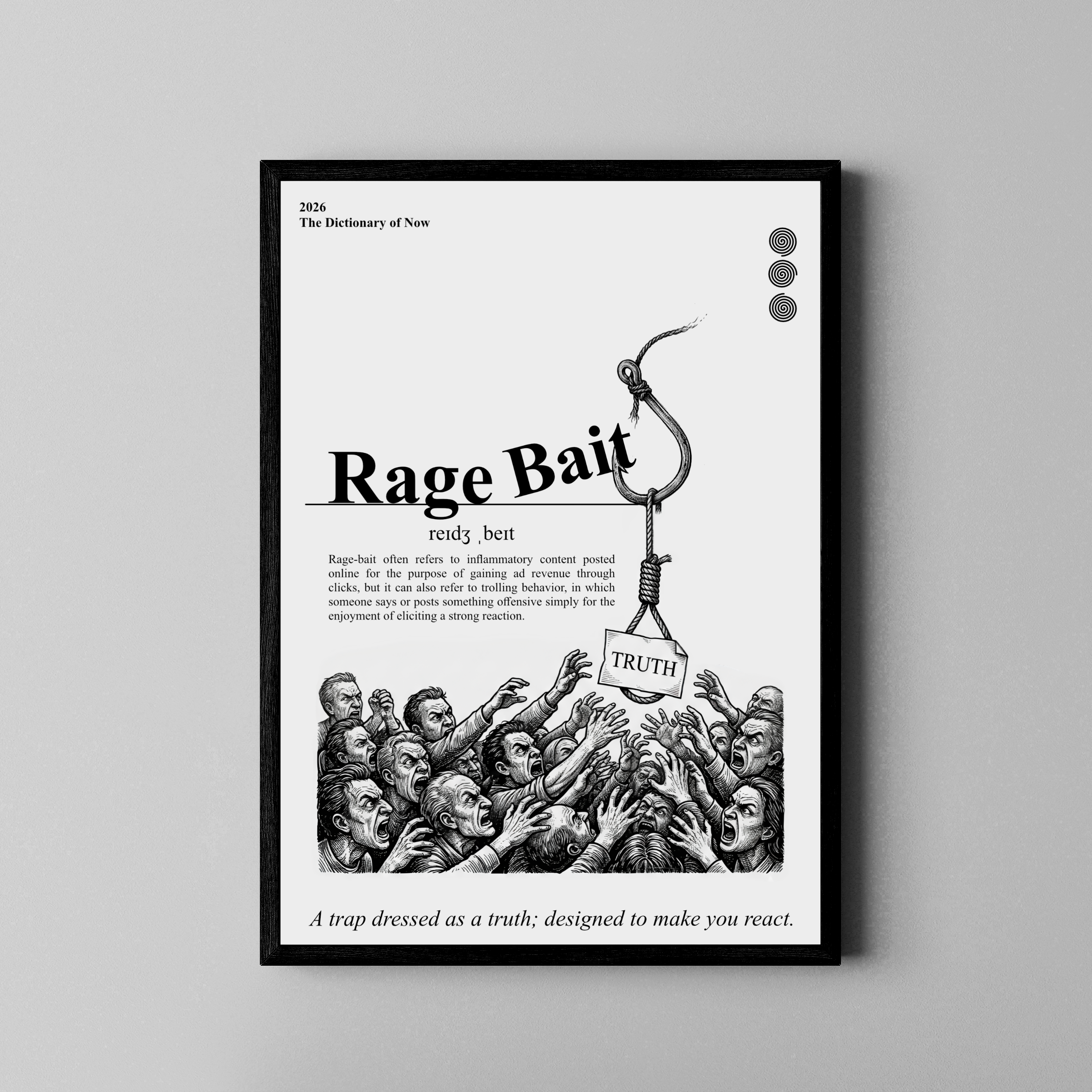 Rage Bait – Wörterbuch-Poster mit wütender Masse und Angelhaken – Statement Poster im schwarzen Rahmen