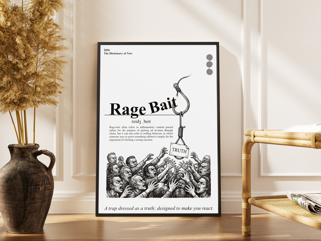 Rage Bait – Wörterbuch-Poster mit wütender Masse und Angelhaken – gerahmter Statement Kunstdruck kaufen