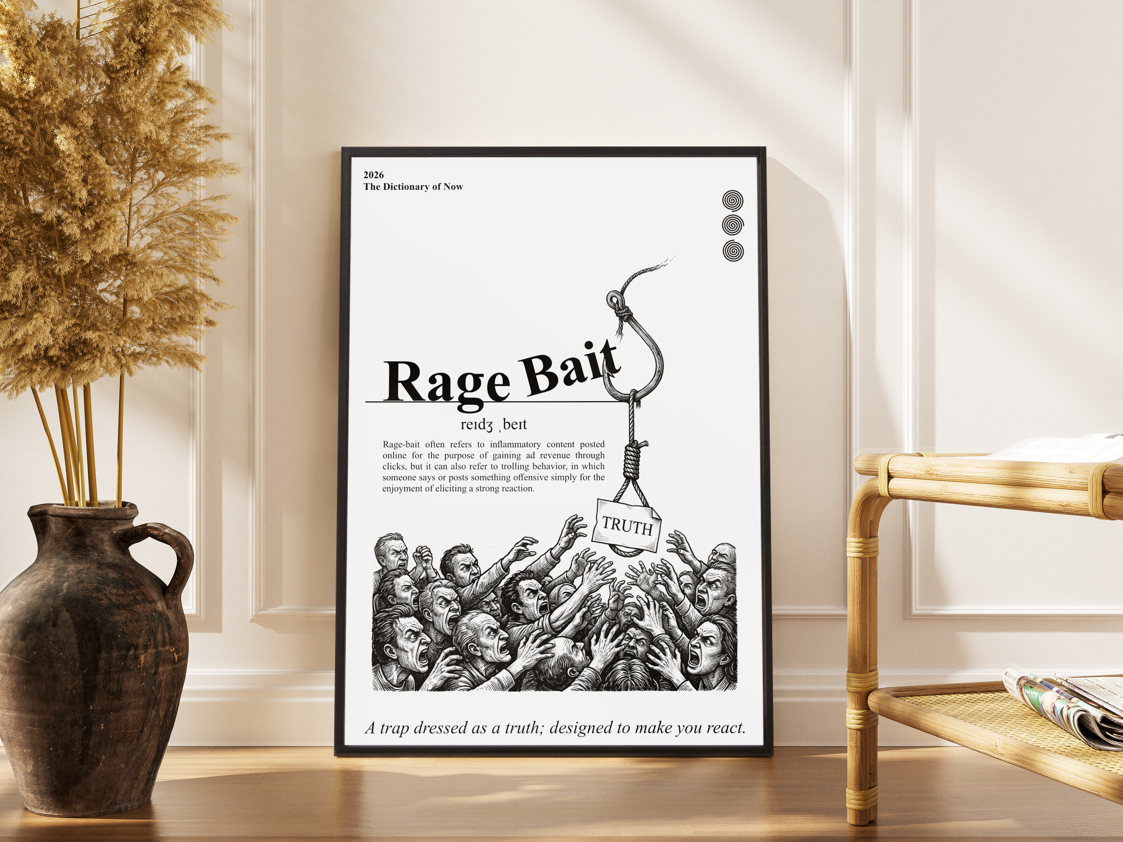 Rage Bait – Wörterbuch-Poster mit wütender Masse und Angelhaken – gerahmter Statement Kunstdruck kaufen