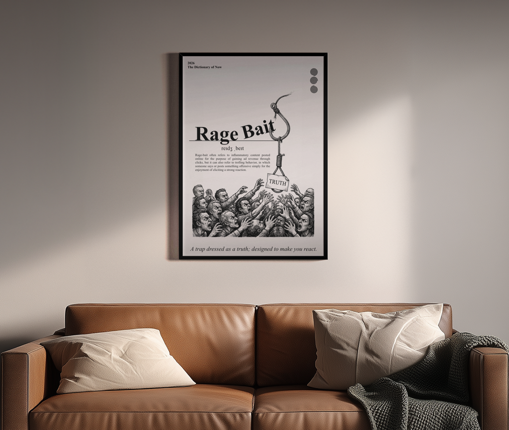 Rage Bait – Wörterbuch-Poster mit wütender Masse und Angelhaken – Wandbild über braunem Ledersofa