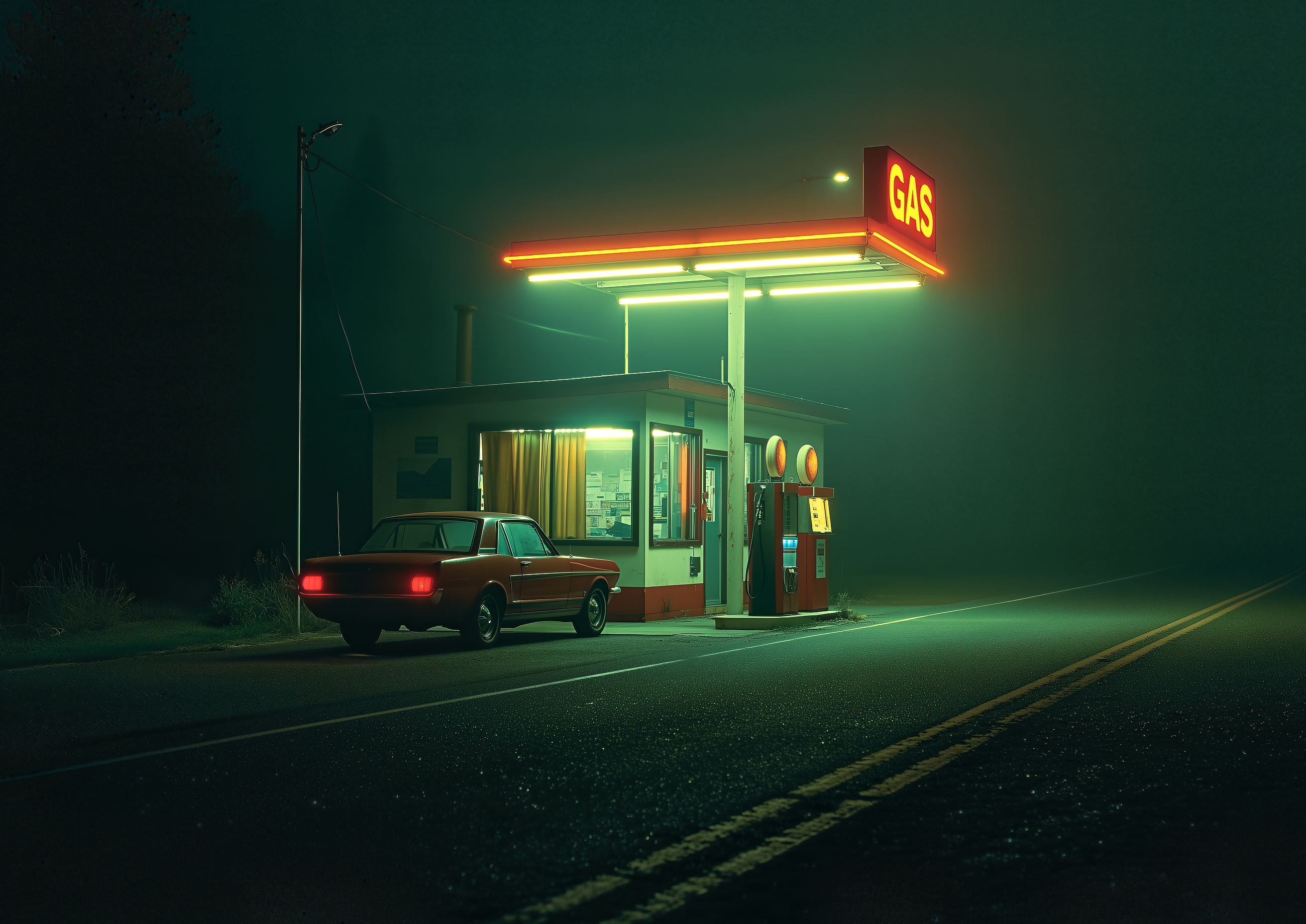 Regular or Premium – Vintage Tankstelle Neon Nacht Ford Mustang | Cinematic-Fotografie-Optik – eleganter Kunstdruck