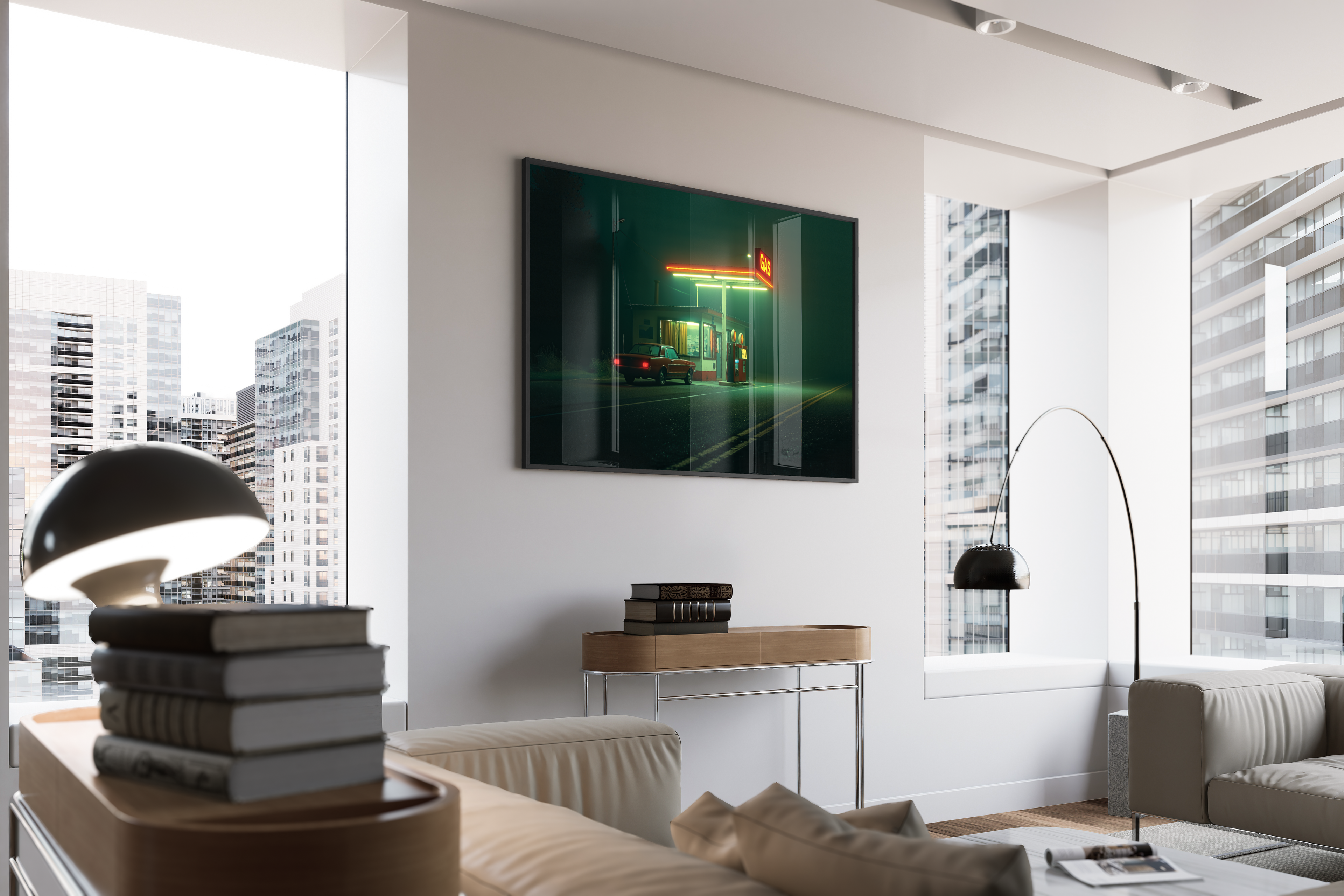 Regular or Premium – Ford Mustang Neon Nacht Nostalgie Fine Art | Nacht-Fotodruck – gerahmtes Poster kaufen