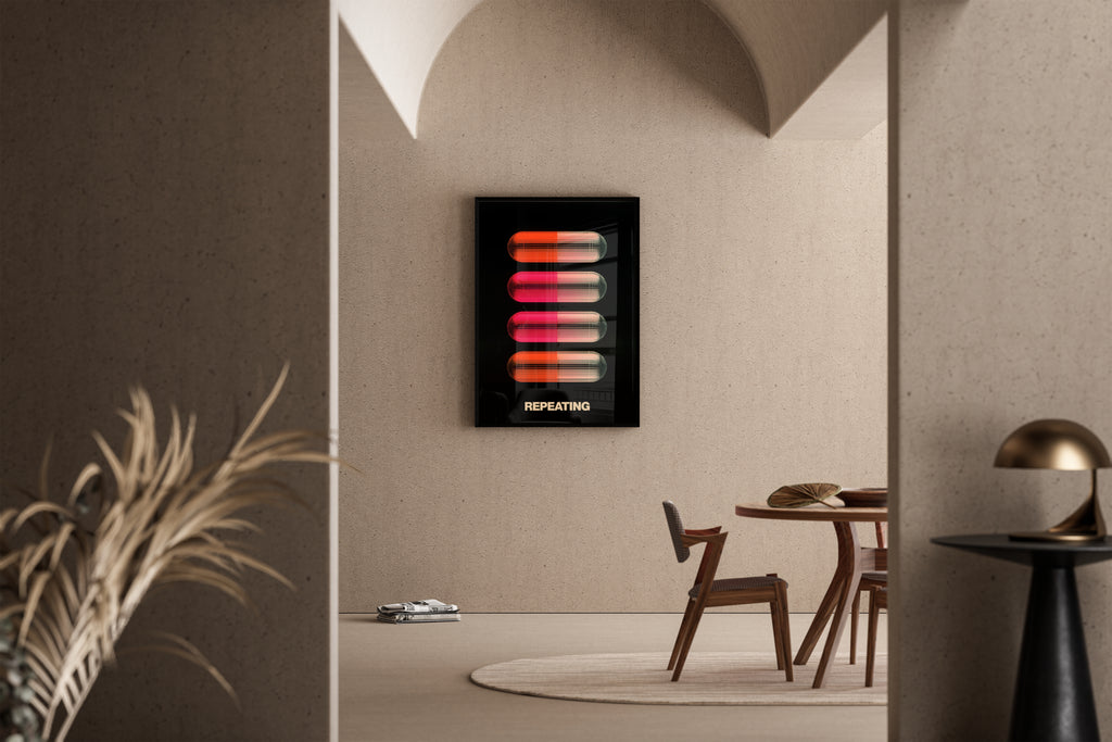 Repeating – Pillen-Motiv mit Neon-Glow | Pop-Art-Kunstdruck – Poster im Esszimmer