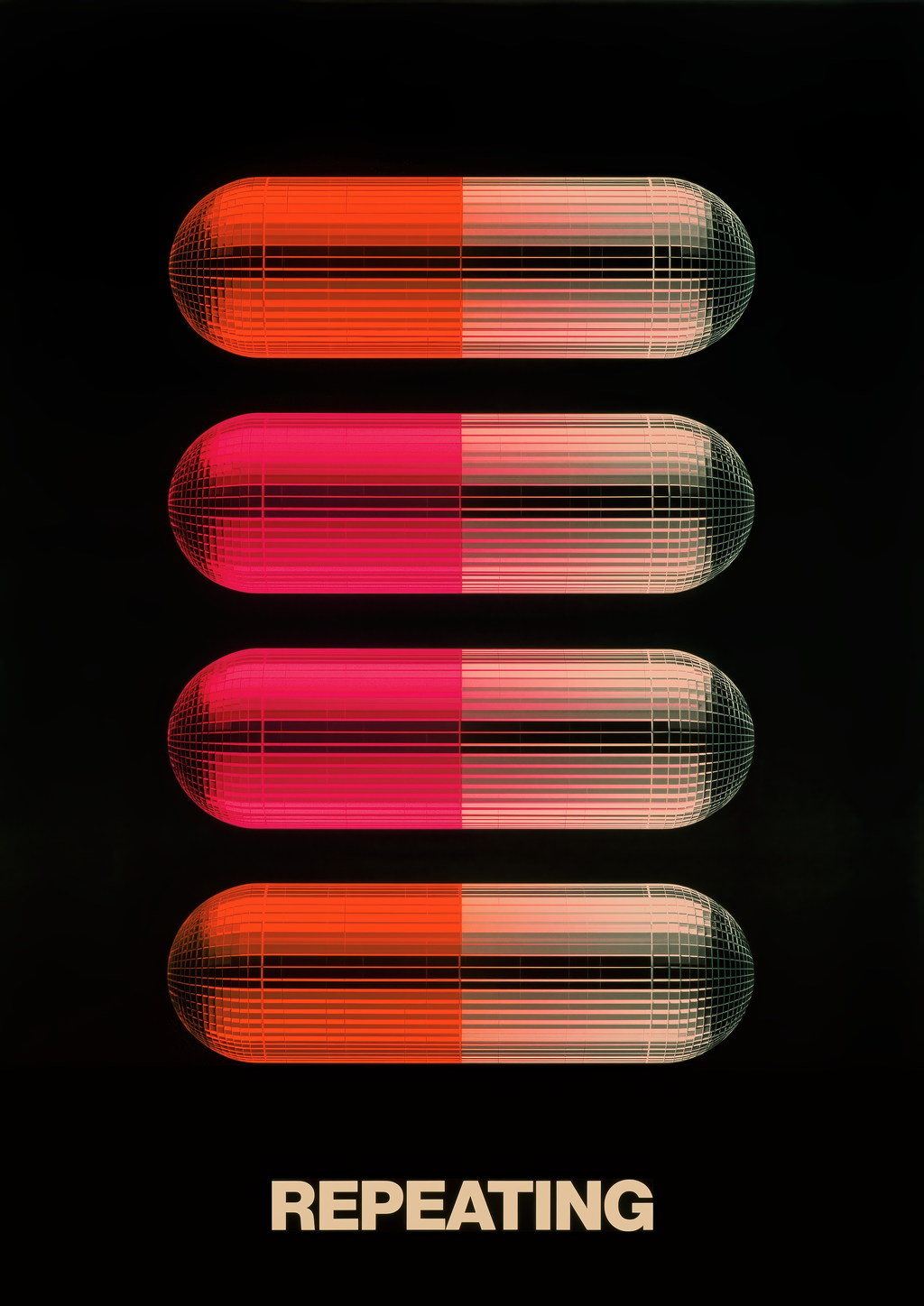 Repeating – Vier Neon-Pillen in Reihe | Pop-Art-Optik – eleganter Kunstdruck