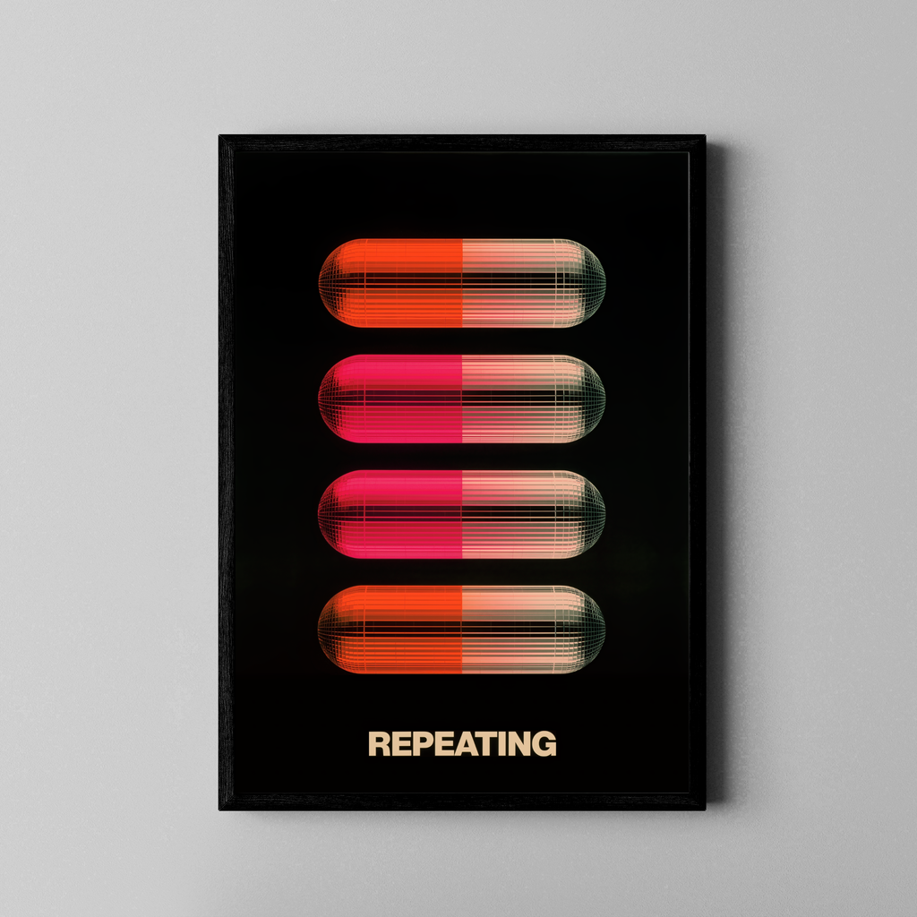 Repeating – Pillen in Pink und Orange gestapelt | Neon-Pop-Art-Stil – Poster im schwarzen Rahmen