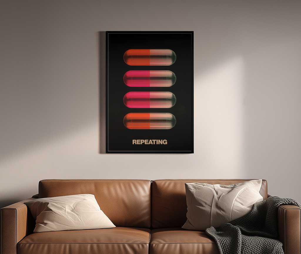 Repeating – Leuchtende Kapseln vor schwarzem Hintergrund | Retro-Pop-Art – Wandbild über braunem Ledersofa