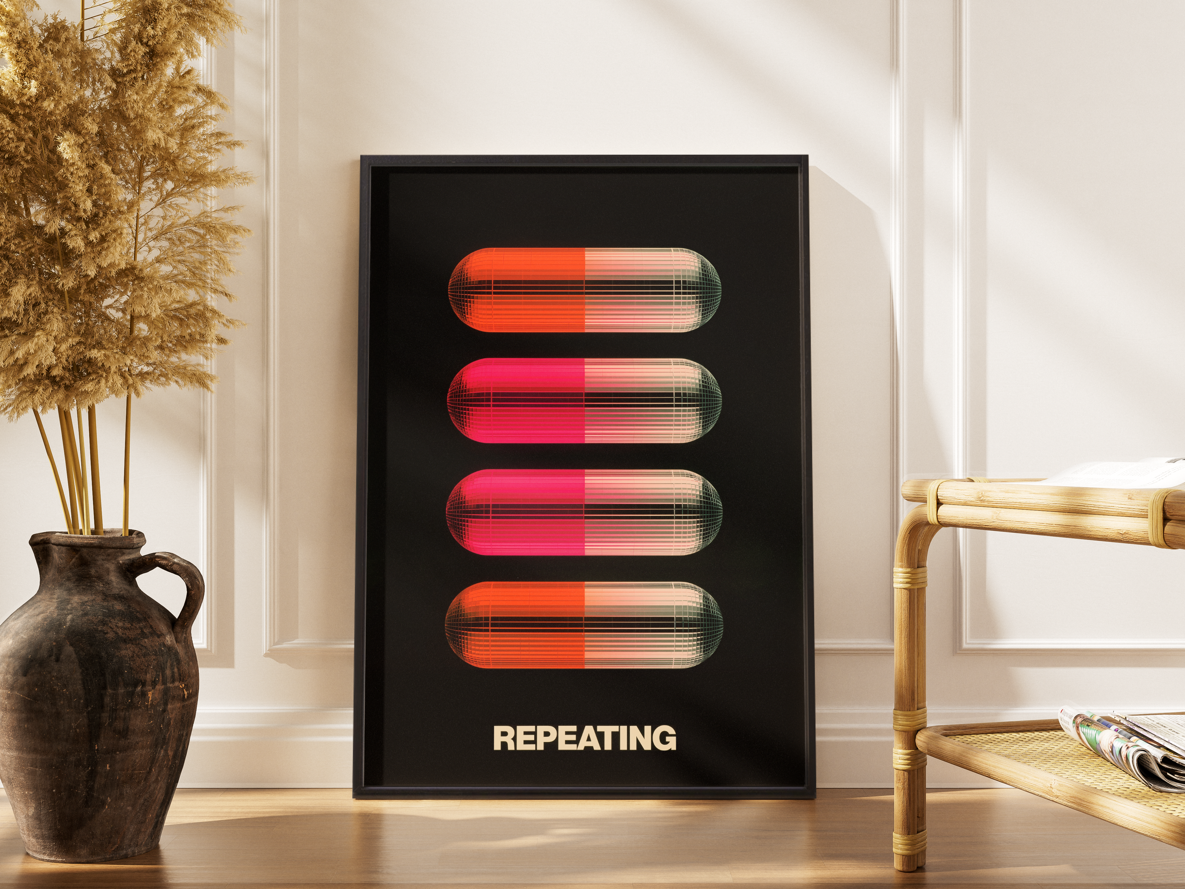 Repeating – Neon-Pillen als Wiederholungs-Motiv | Pop-Art-Fine-Art-Poster – gerahmtes Poster kaufen