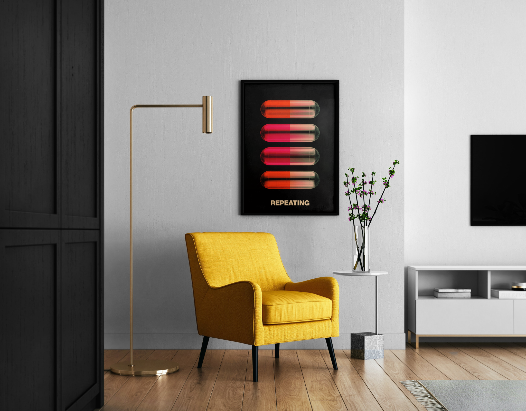 Repeating – Vier pulsierende Pillen typografisch | urbaner Pop-Art-Print – Wandbild im modernen Wohnzimmer