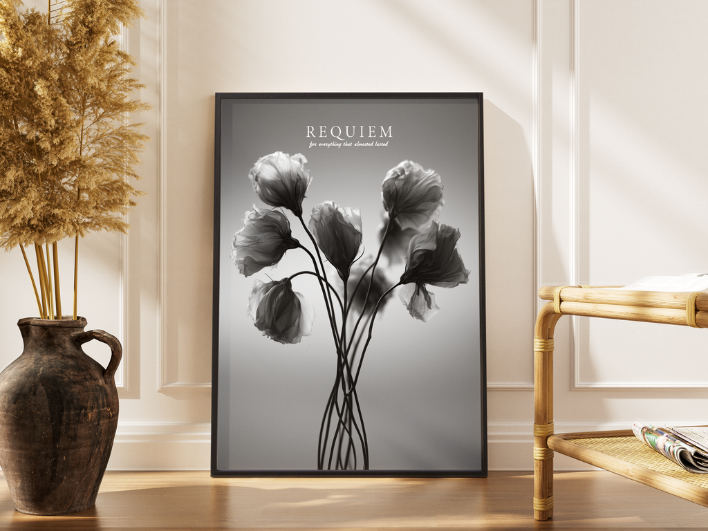 Requiem – Mohn monochrom transparente Blüten Fine Art | Botanik-Fotodruck – gerahmtes Poster kaufen