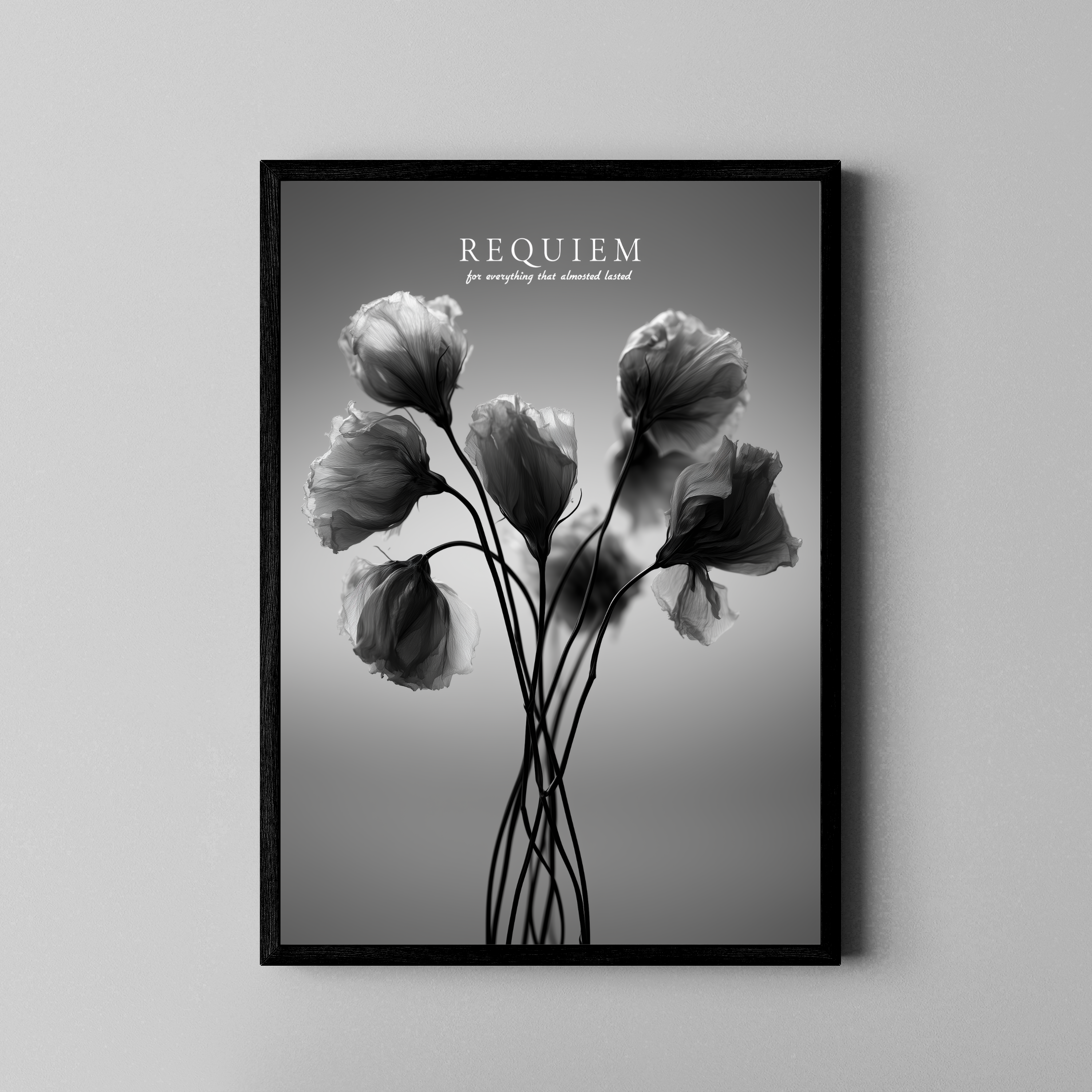 Requiem – transparente Blüten schwarz weiß melancholisch | Botanische-Foto-Stil – Poster im schwarzen Rahmen