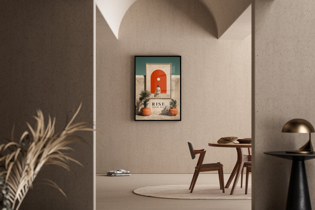 RISE EVERY DAY – Frau vor rotem Bogen minimalistisch – Kunstdruck im mediterranen Esszimmer