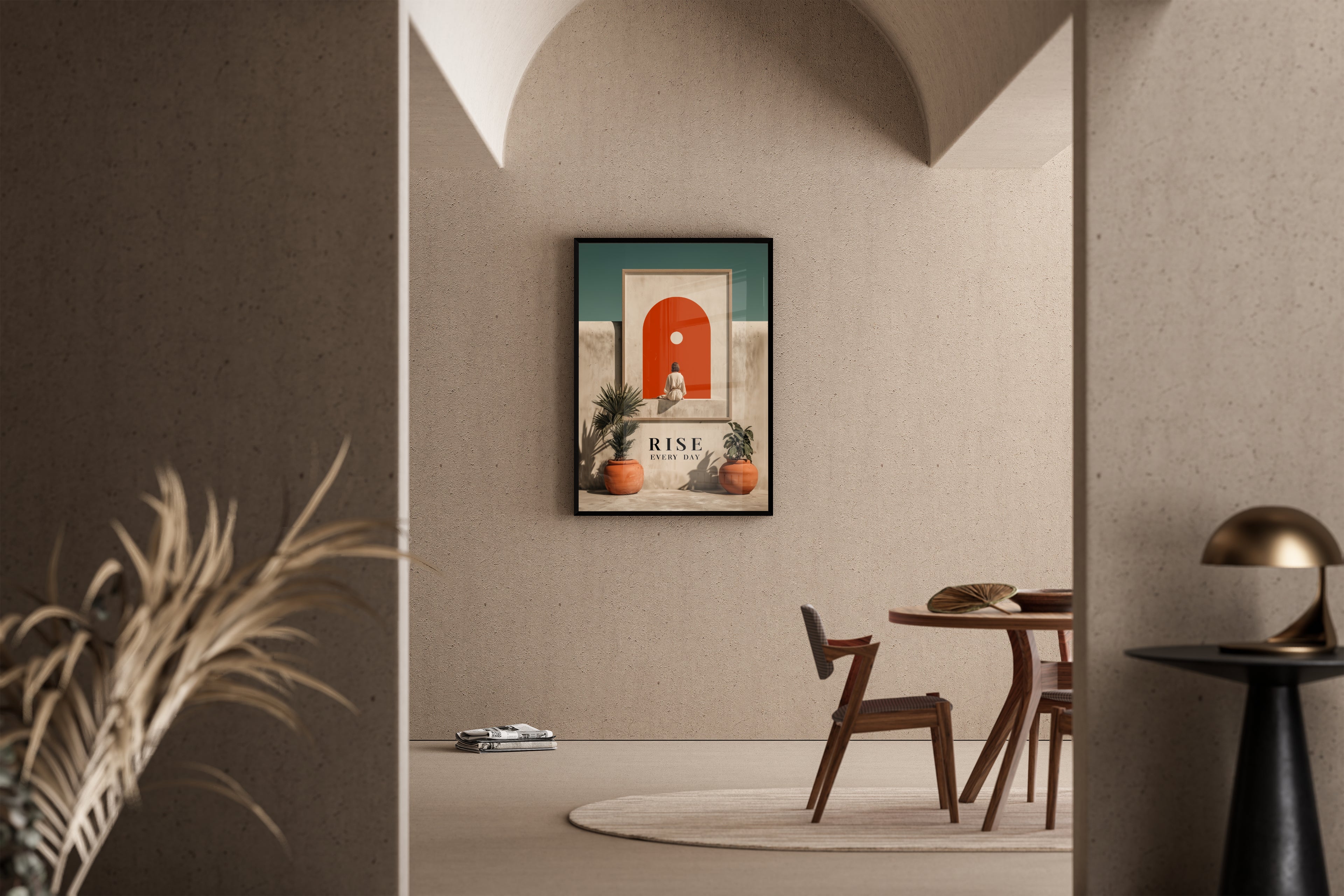 RISE EVERY DAY – Frau vor rotem Bogen minimalistisch – Kunstdruck im mediterranen Esszimmer