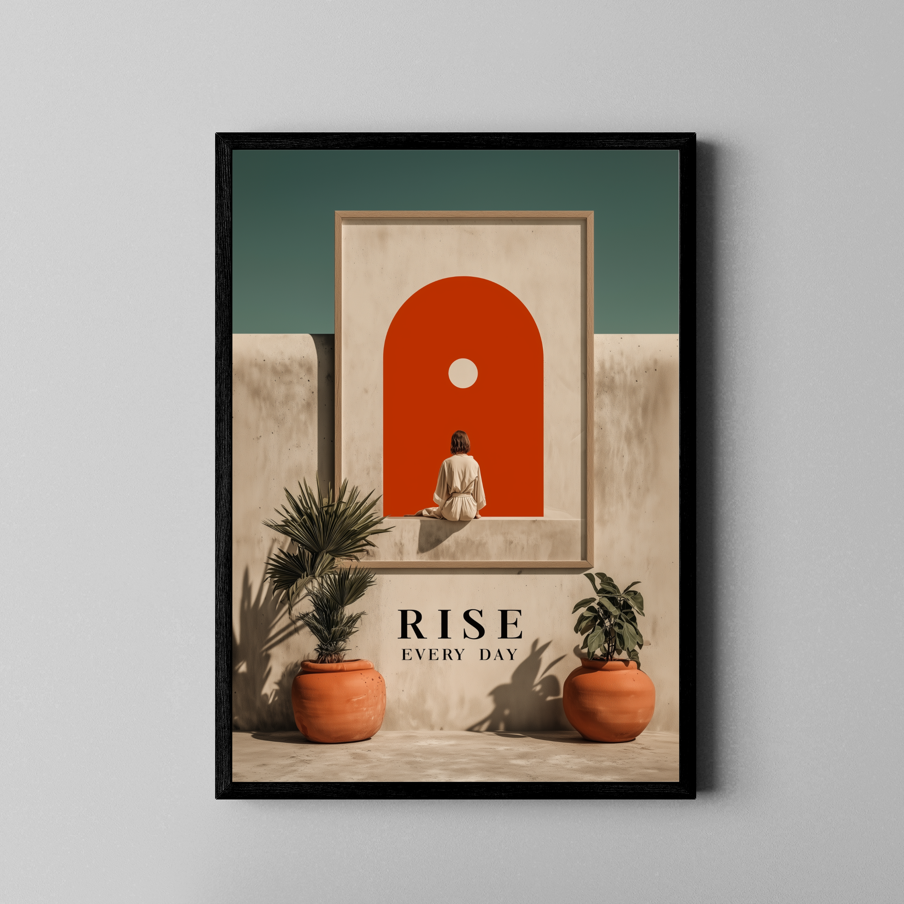 RISE EVERY DAY – Frau vor rotem Bogen minimalistisch – motivierender Poster im schwarzen Rahmen