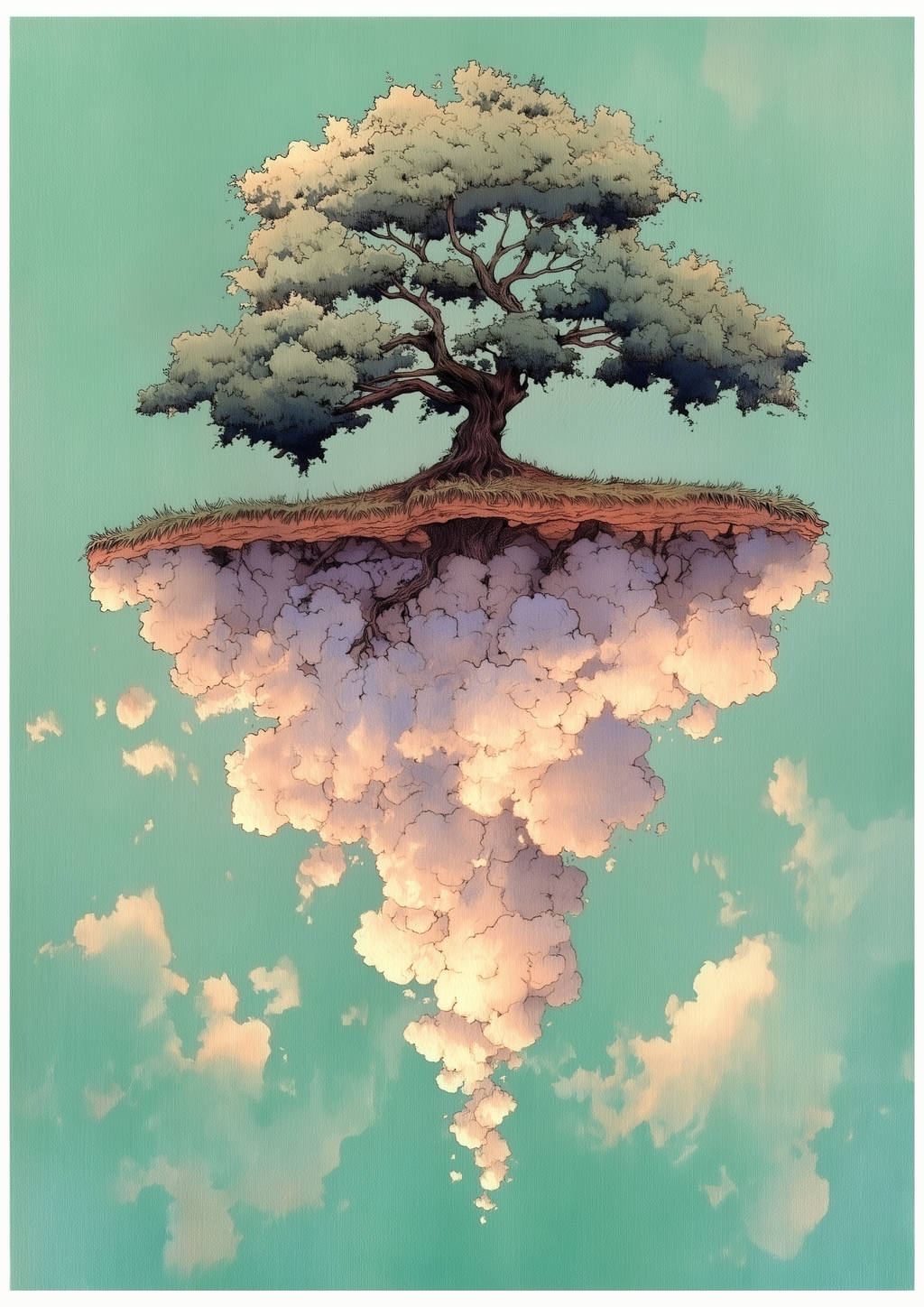 Rooted Sky – schwebende Insel mit Baum | Manga-Illustration – eleganter Kunstdruck