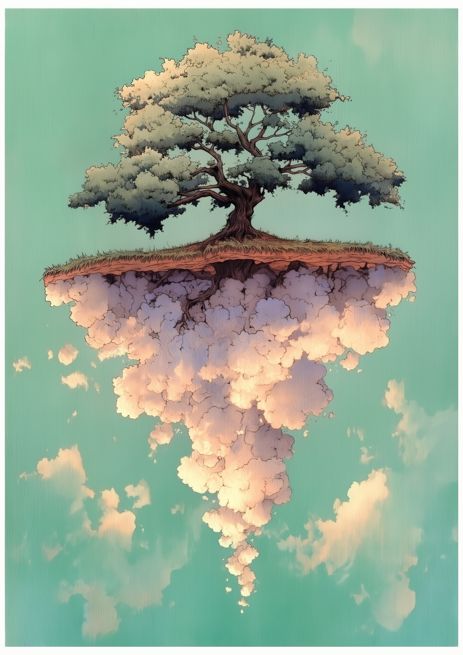 Rooted Sky – schwebende Insel mit Baum | Manga-Illustration – eleganter Kunstdruck