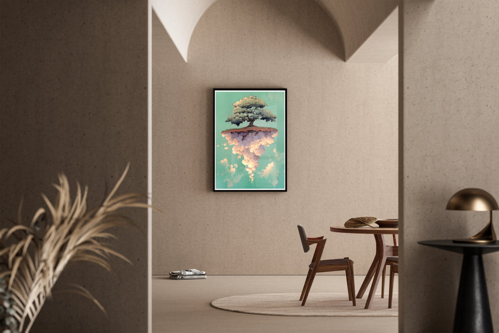 Rooted Sky – schwebender Baum Wolkeninsel Manga-Optik – Poster im Esszimmer kaufen