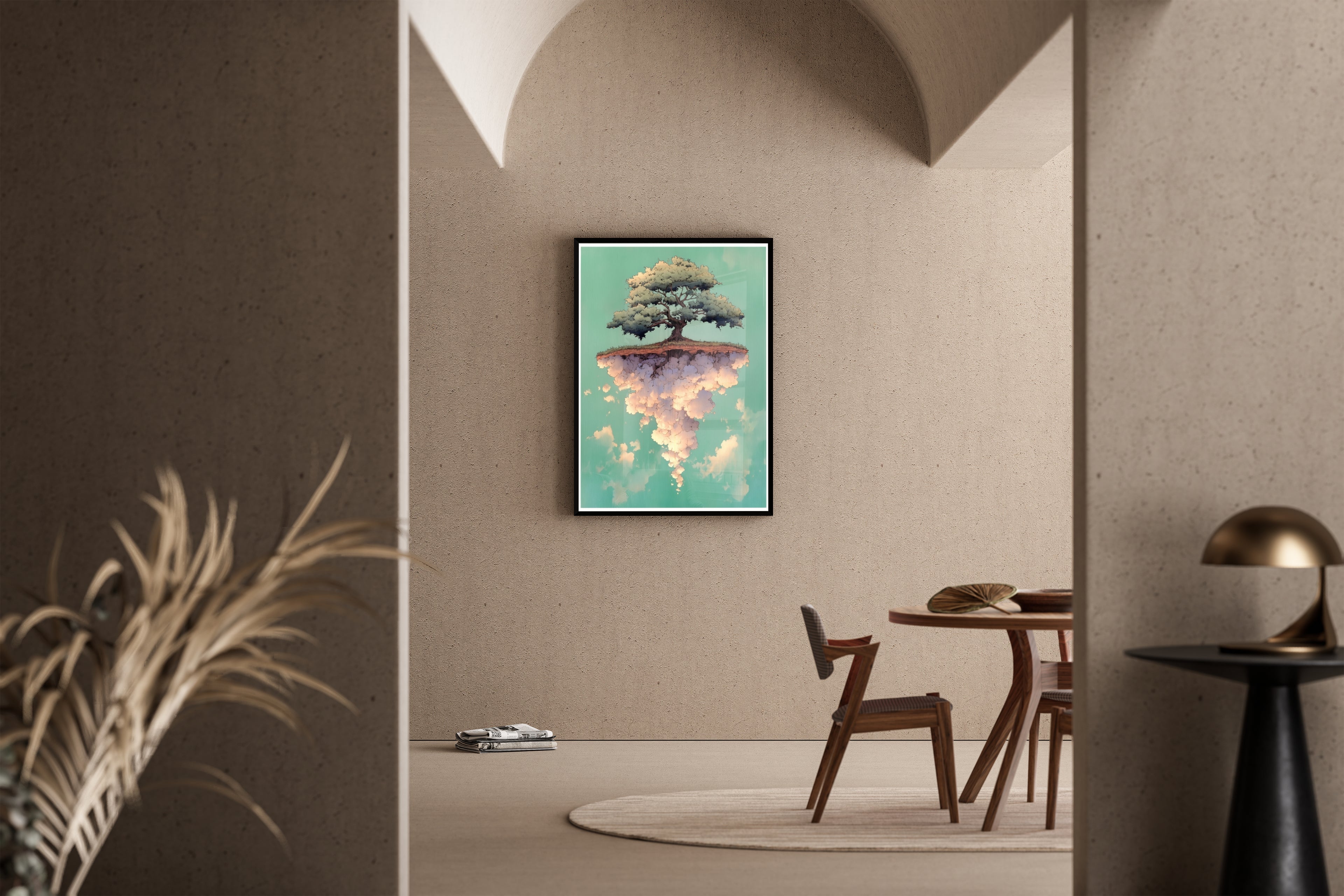 Rooted Sky – schwebender Baum Wolkeninsel Manga-Optik – Poster im Esszimmer kaufen