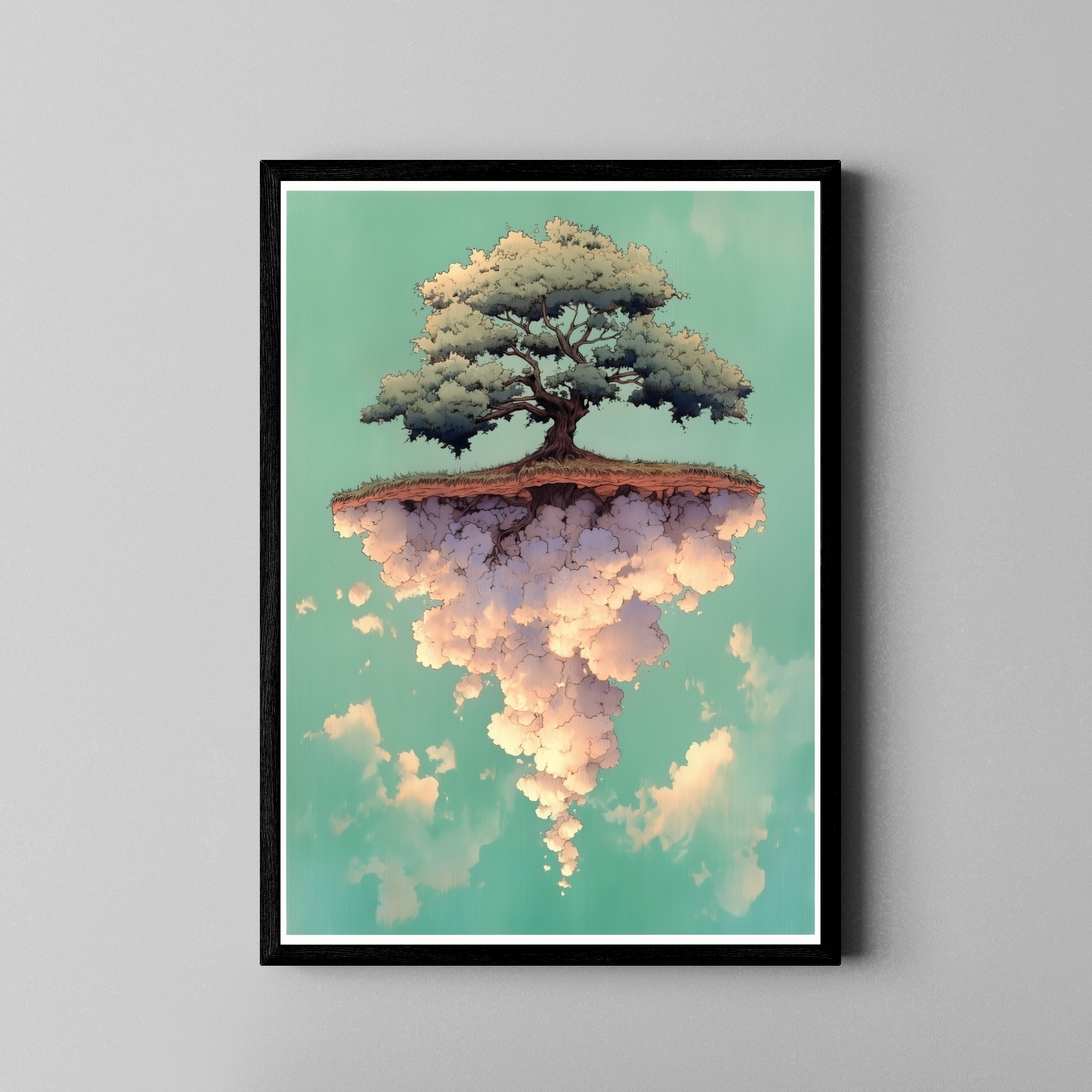 Rooted Sky – Baum auf schwebender Wolkeninsel | Manga-Stil – Poster im schwarzen Rahmen