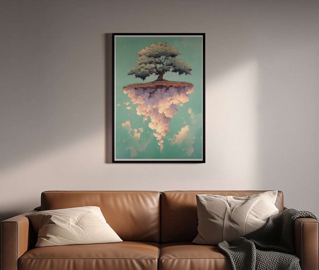 Rooted Sky Manga-Kunstdruck – schwebende Insel Baum Wolken – Wandbild über braunem Ledersofa