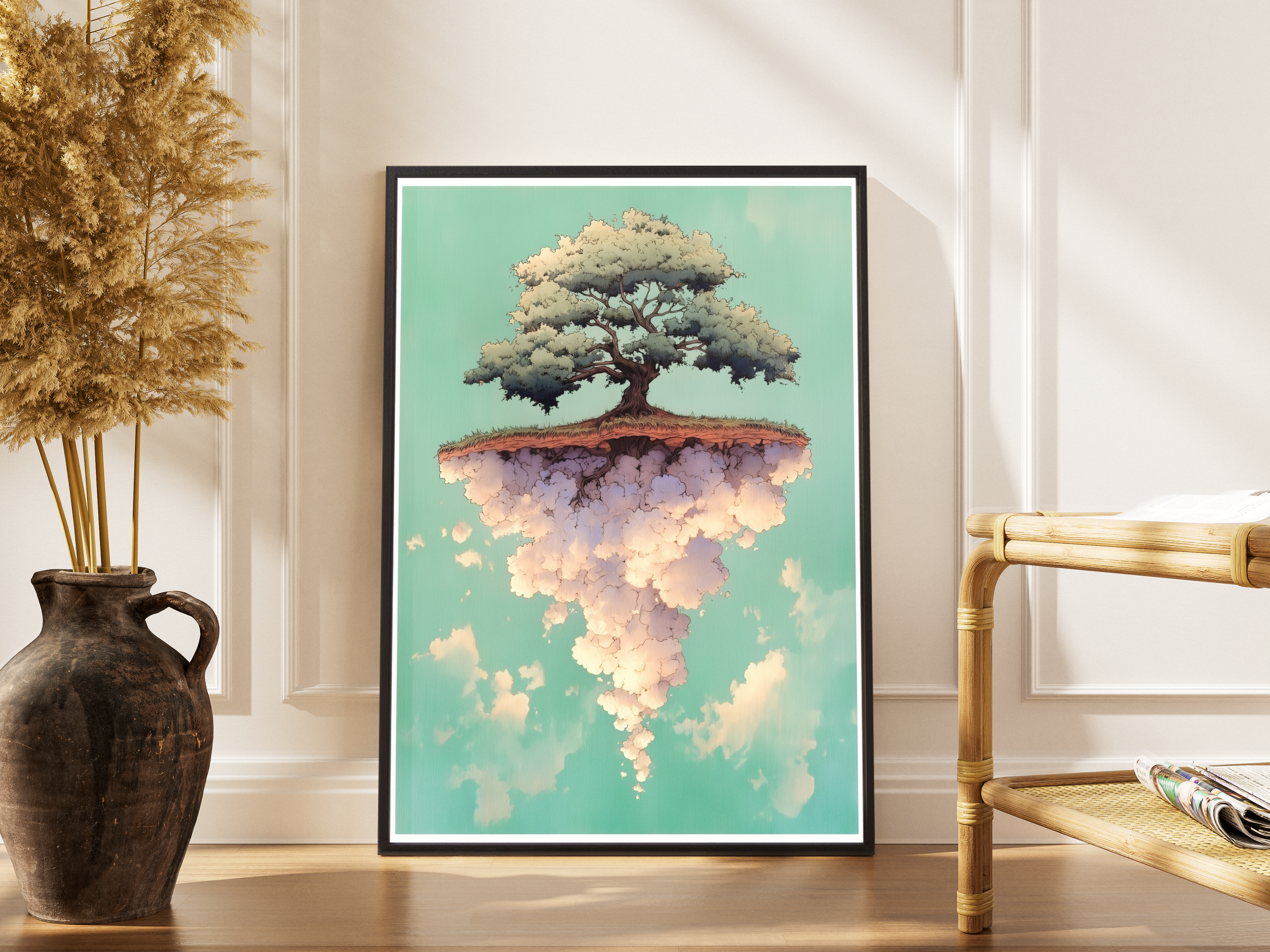 Rooted Sky Manga-Kunstdruck – schwebende Insel mit Baum – gerahmtes Poster kaufen | Wanddekoration