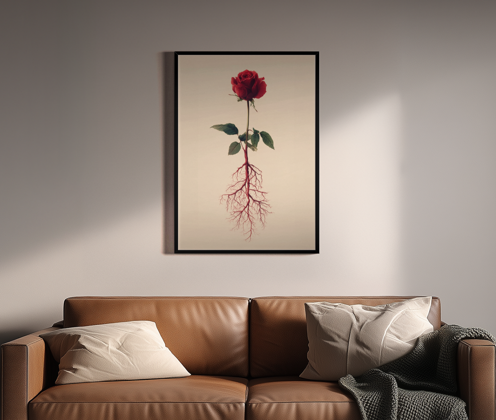 ROSE – rote Rose mit sichtbaren Wurzeln, surreale botanische Illustration, Beige – Wandbild über braunem Ledersofa
