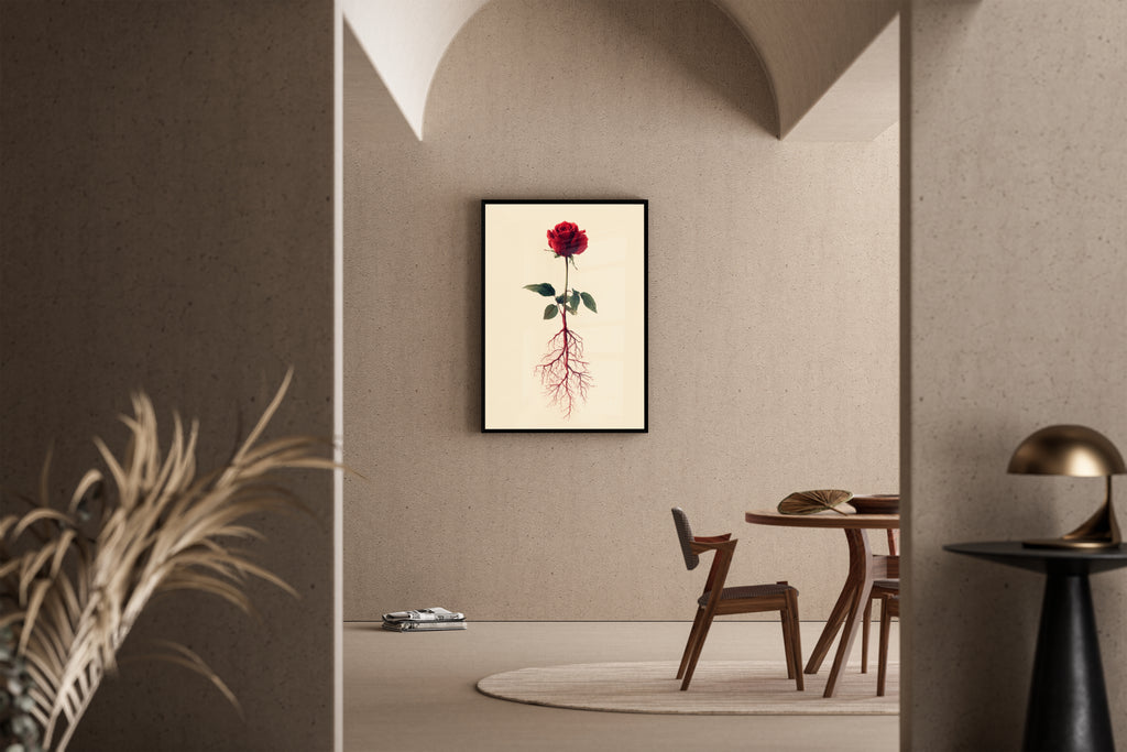 ROSE – rote Rose mit sichtbaren Wurzeln, surreale botanische Illustration, Beige – Poster im Esszimmer