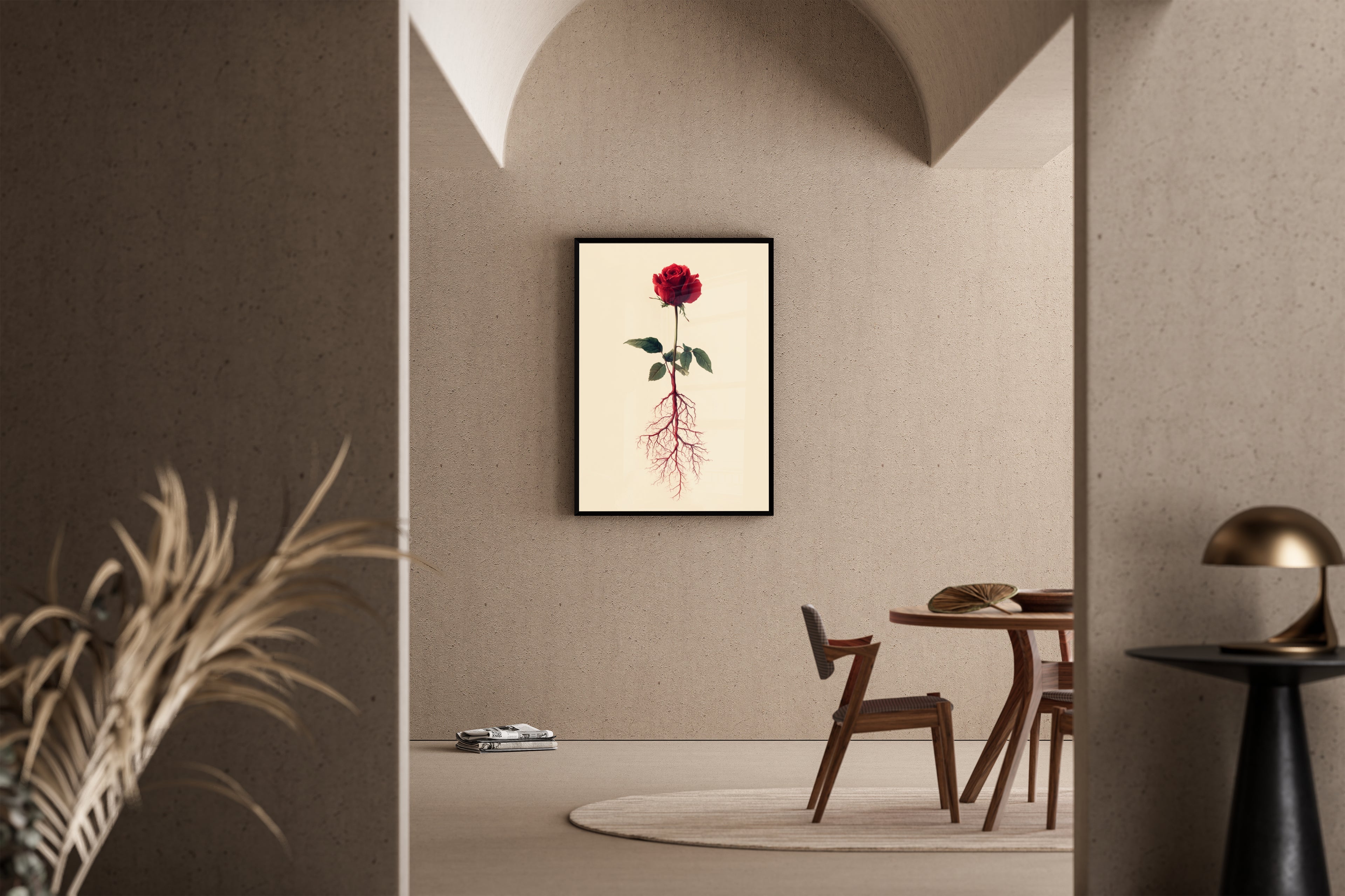 ROSE – rote Rose mit sichtbaren Wurzeln, surreale botanische Illustration, Beige – Poster im Esszimmer