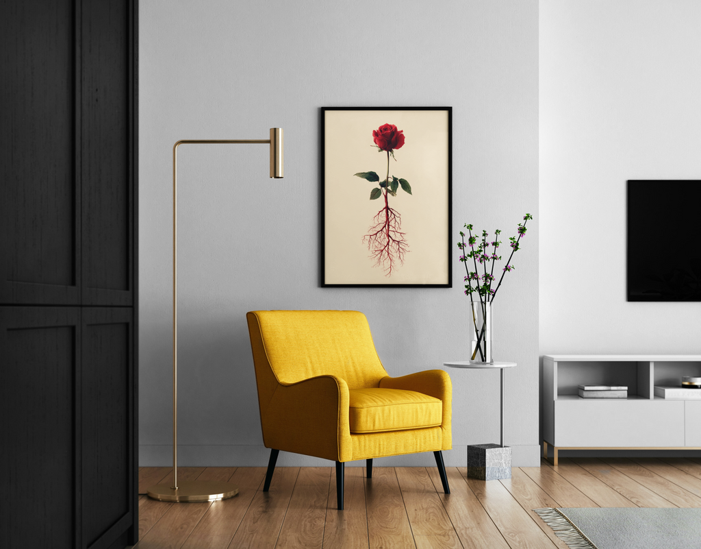 ROSE – rote Rose mit sichtbaren Wurzeln, surreale botanische Illustration, Beige – Wandbild im modernen Wohnzimmer