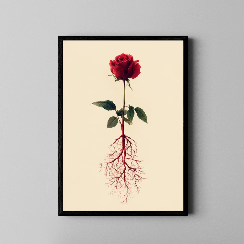 ROSE – rote Rose mit sichtbaren Wurzeln, surreale botanische Illustration, Beige – Poster im schwarzen Rahmen
