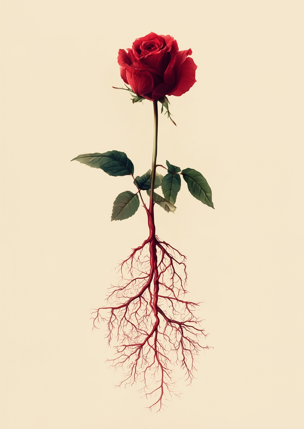 ROSE – rote Rose mit sichtbaren Wurzeln, surreale botanische Illustration, Beige – eleganter Kunstdruck