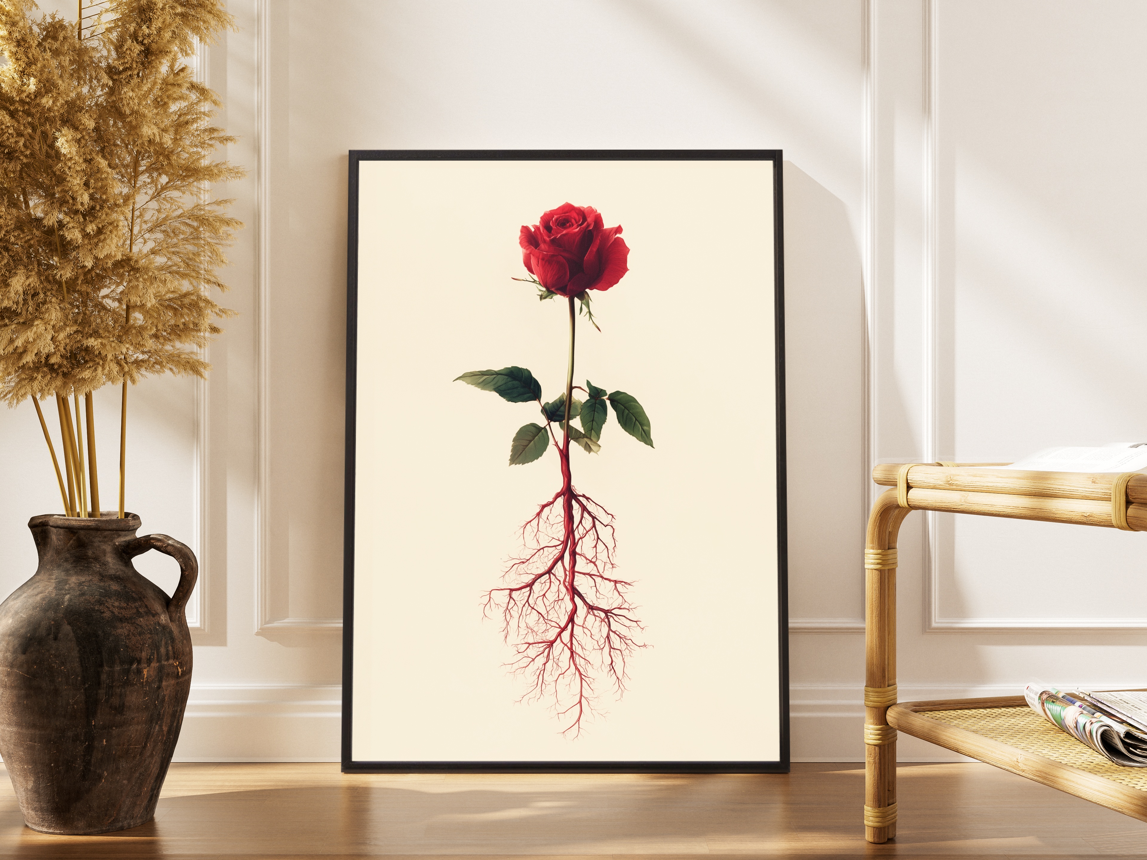 ROSE – rote Rose mit sichtbaren Wurzeln, surreale botanische Illustration, Beige – gerahmtes Poster kaufen