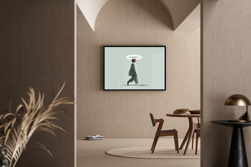 SACRED STRIDE – Person mit leuchtendem Heiligenschein, minimalistisch, Salbeigrün – Poster im Esszimmer