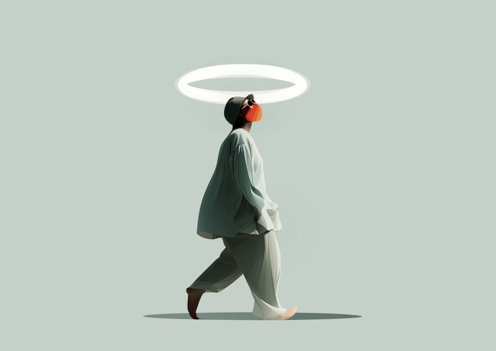 SACRED STRIDE – Person mit leuchtendem Heiligenschein, minimalistisch, Salbeigrün – eleganter Kunstdruck