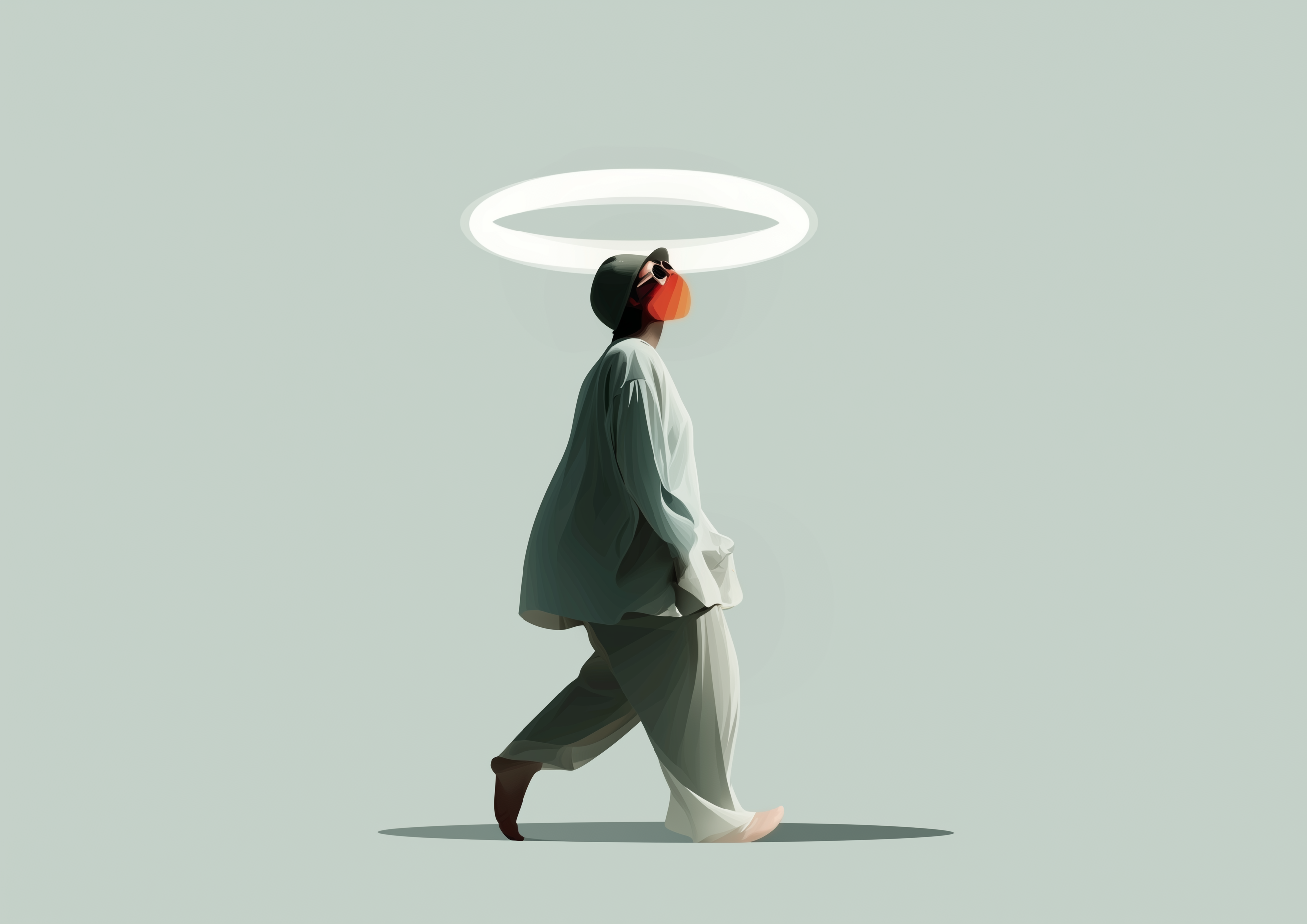 SACRED STRIDE – Person mit leuchtendem Heiligenschein, minimalistisch, Salbeigrün – eleganter Kunstdruck