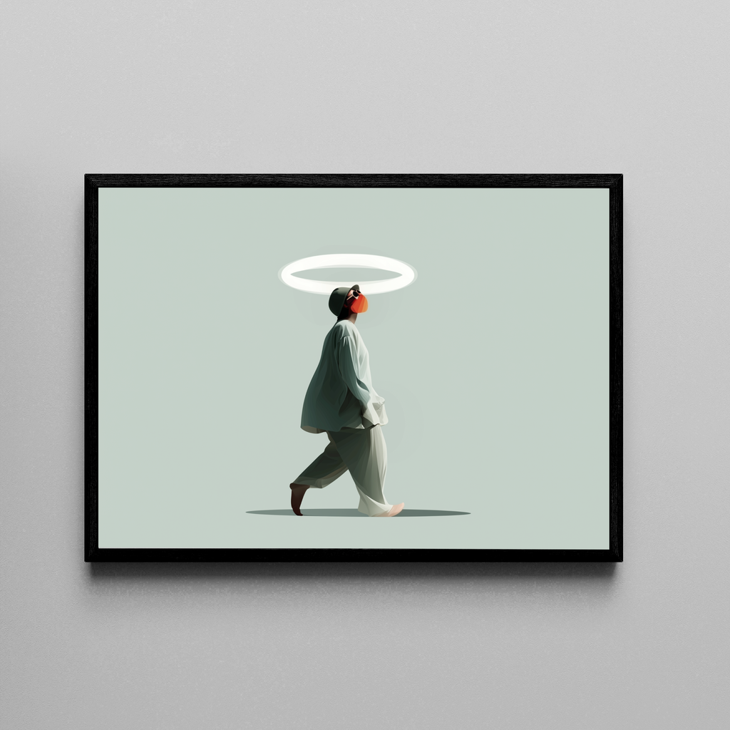 SACRED STRIDE – Person mit leuchtendem Heiligenschein, minimalistisch, Salbeigrün – Poster im schwarzen Rahmen